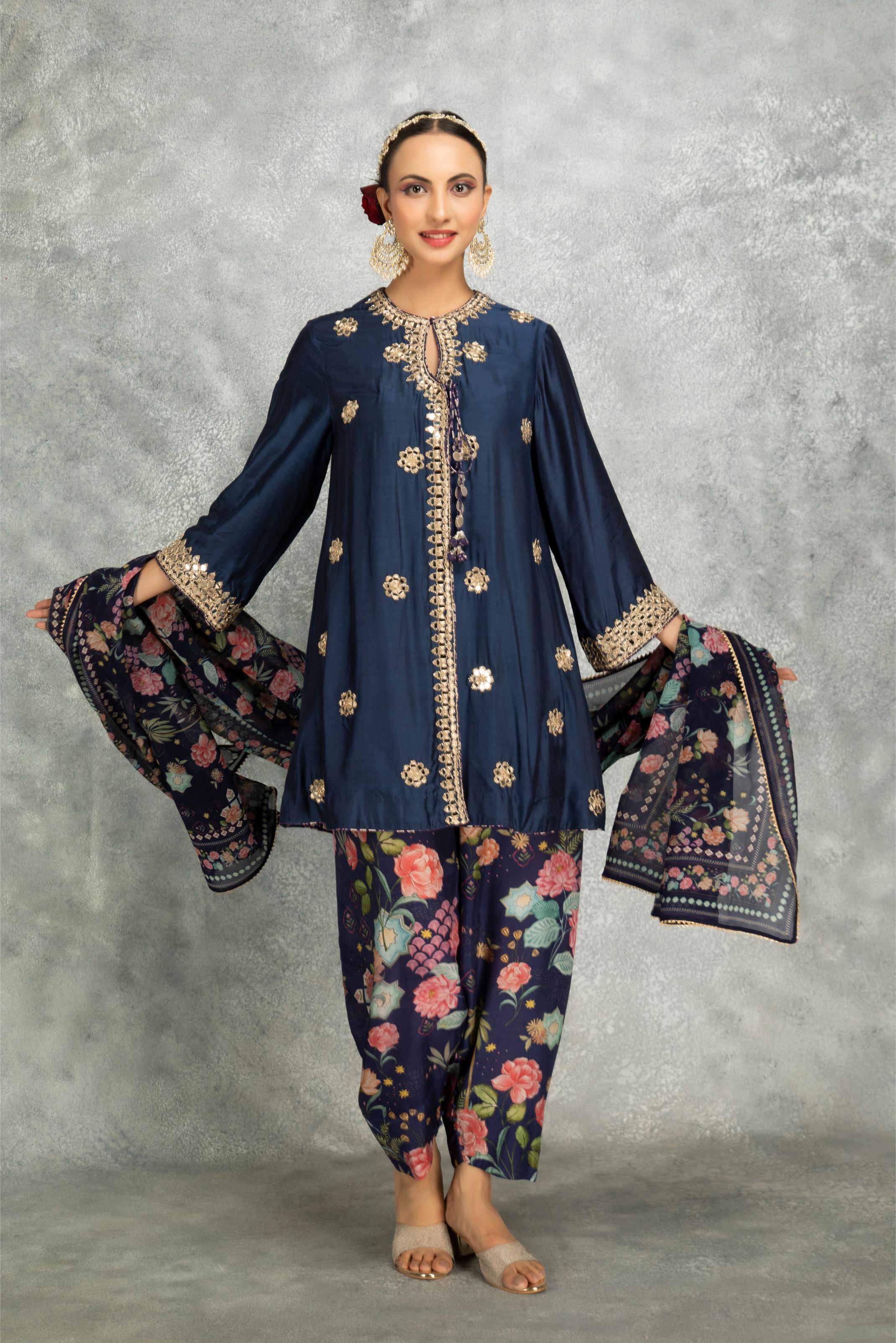 Blue Mirror Embroidered Angrakha with Printed Pants & Dupatta Set of 3