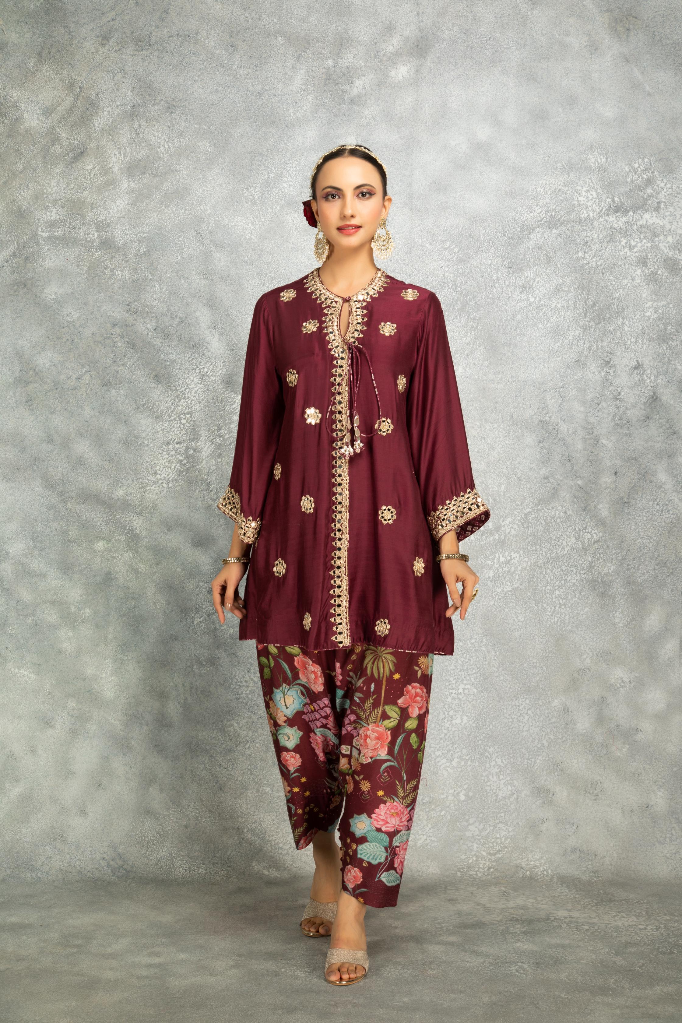 Wine Mirror Embroidered Angrakha with Printed Pants & Dupatta Set of 3