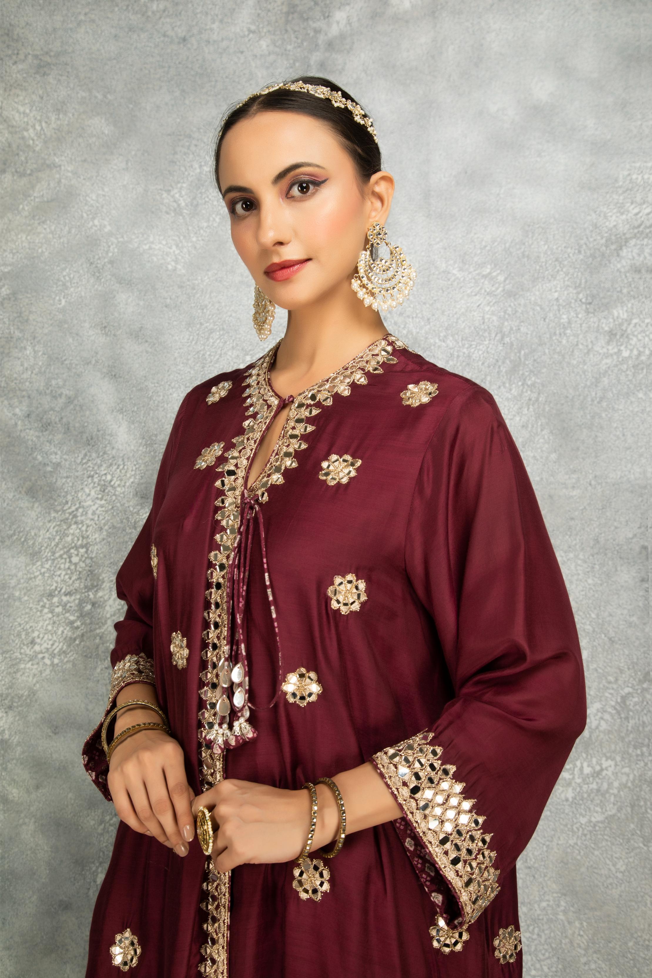 Wine Mirror Embroidered Angrakha with Printed Pants & Dupatta Set of 3