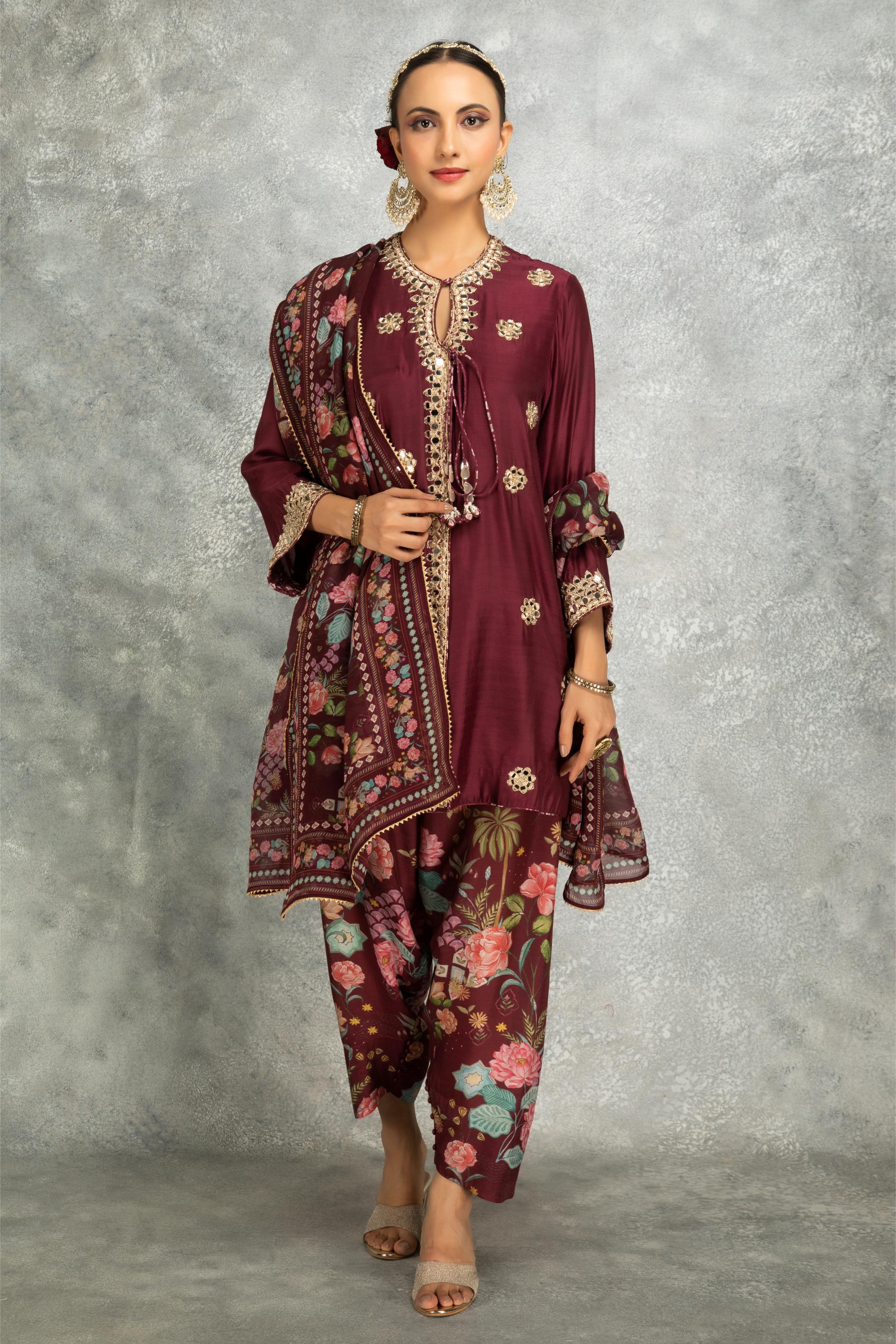 Wine Mirror Embroidered Angrakha with Printed Pants & Dupatta Set of 3