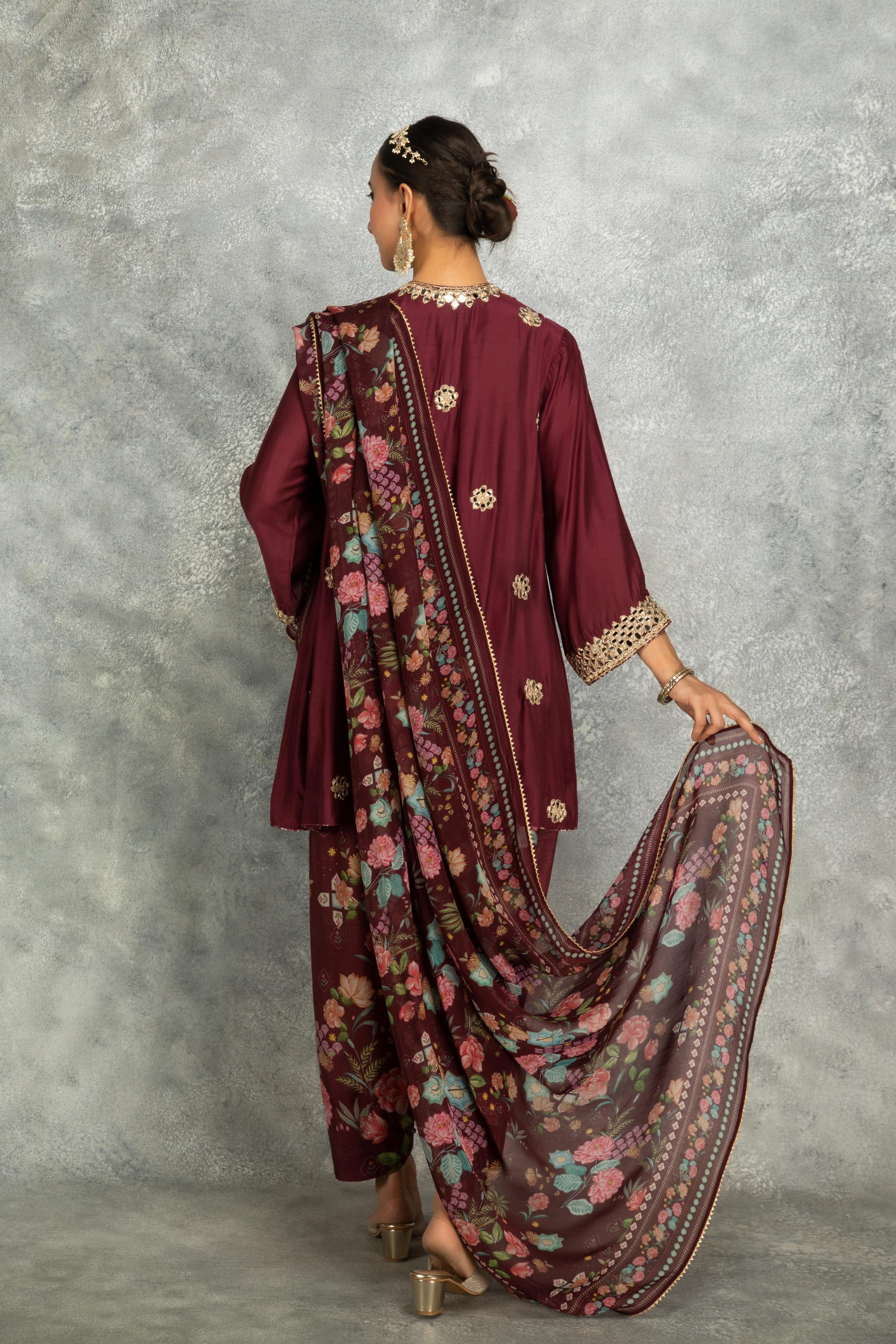 Wine Mirror Embroidered Angrakha with Printed Pants & Dupatta Set of 3