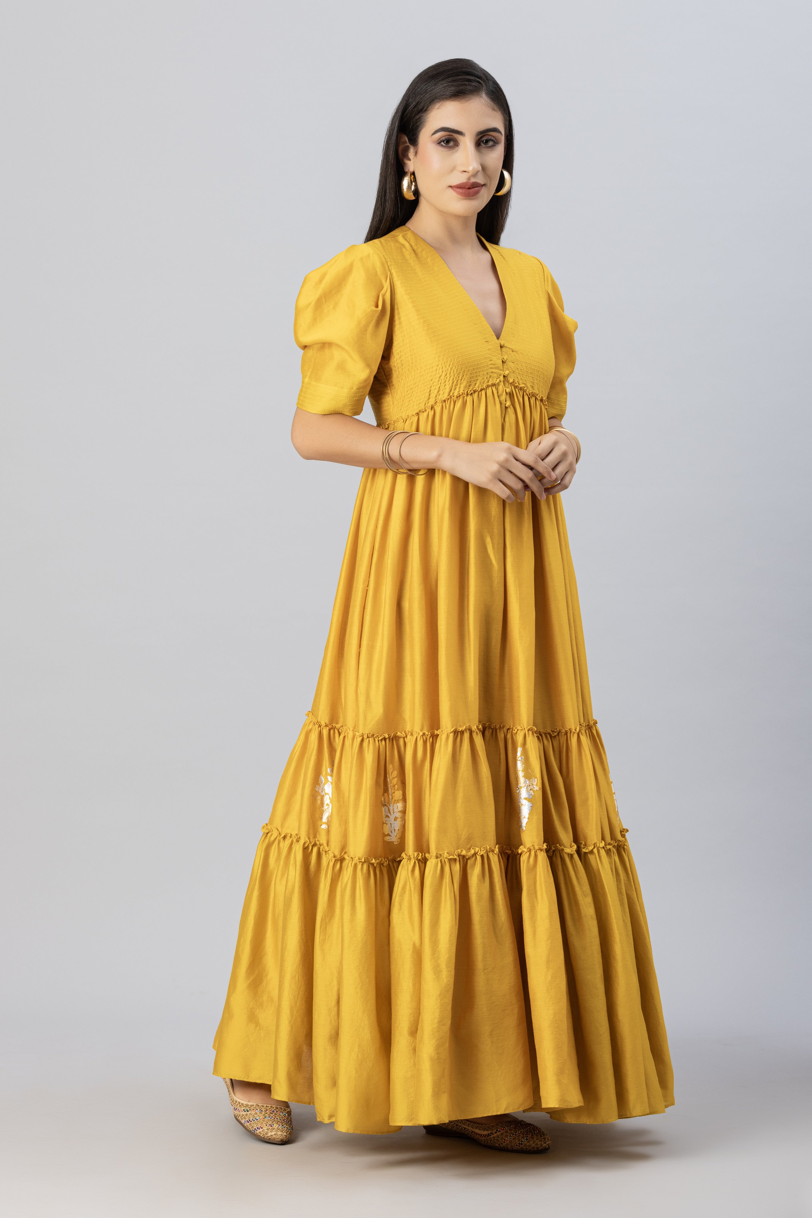Mustard Gold Bohemian Gown Dress with Stylized Sleeves