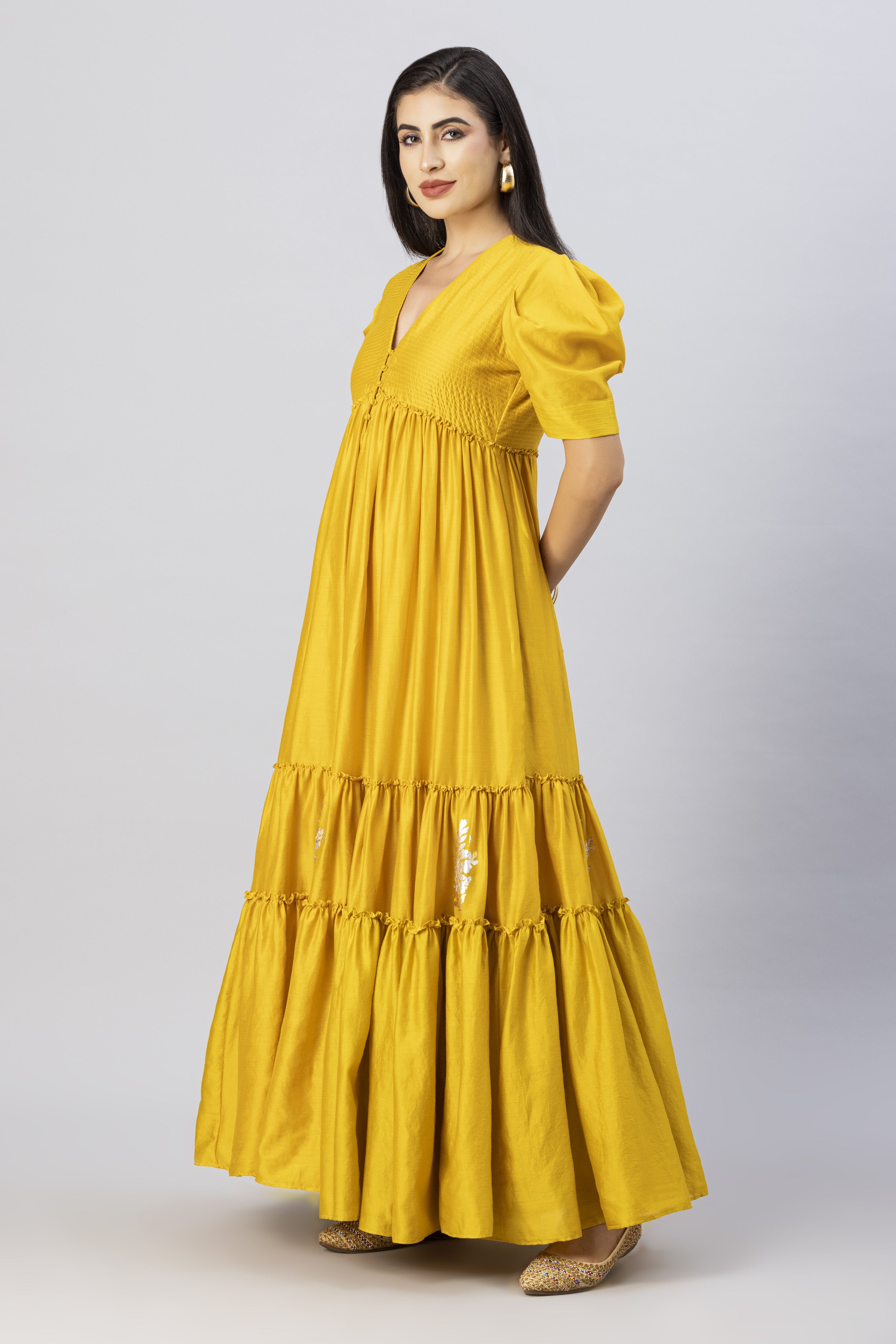 Mustard Gold Bohemian Gown Dress with Stylized Sleeves