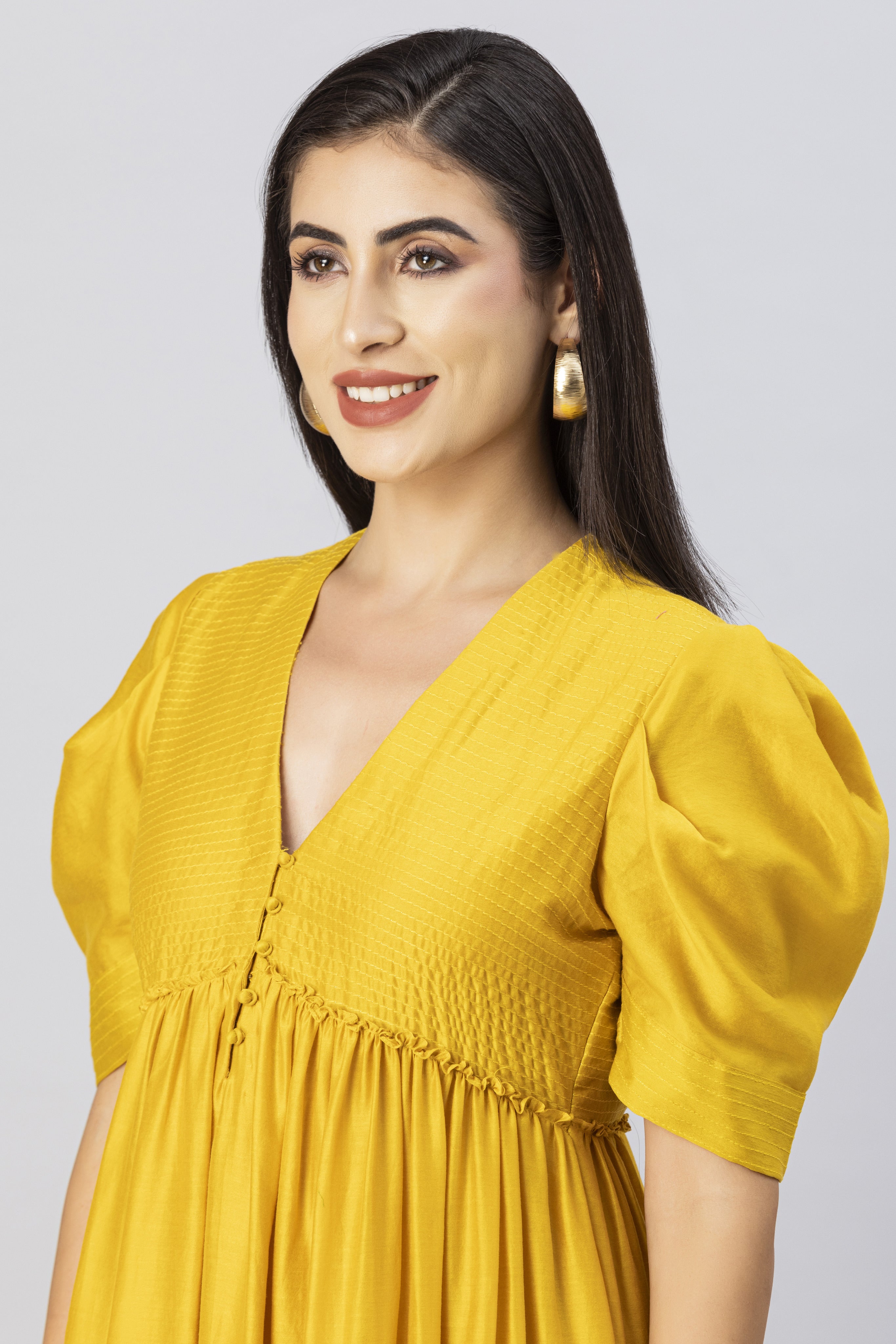 Mustard Gold Bohemian Gown Dress with Stylized Sleeves