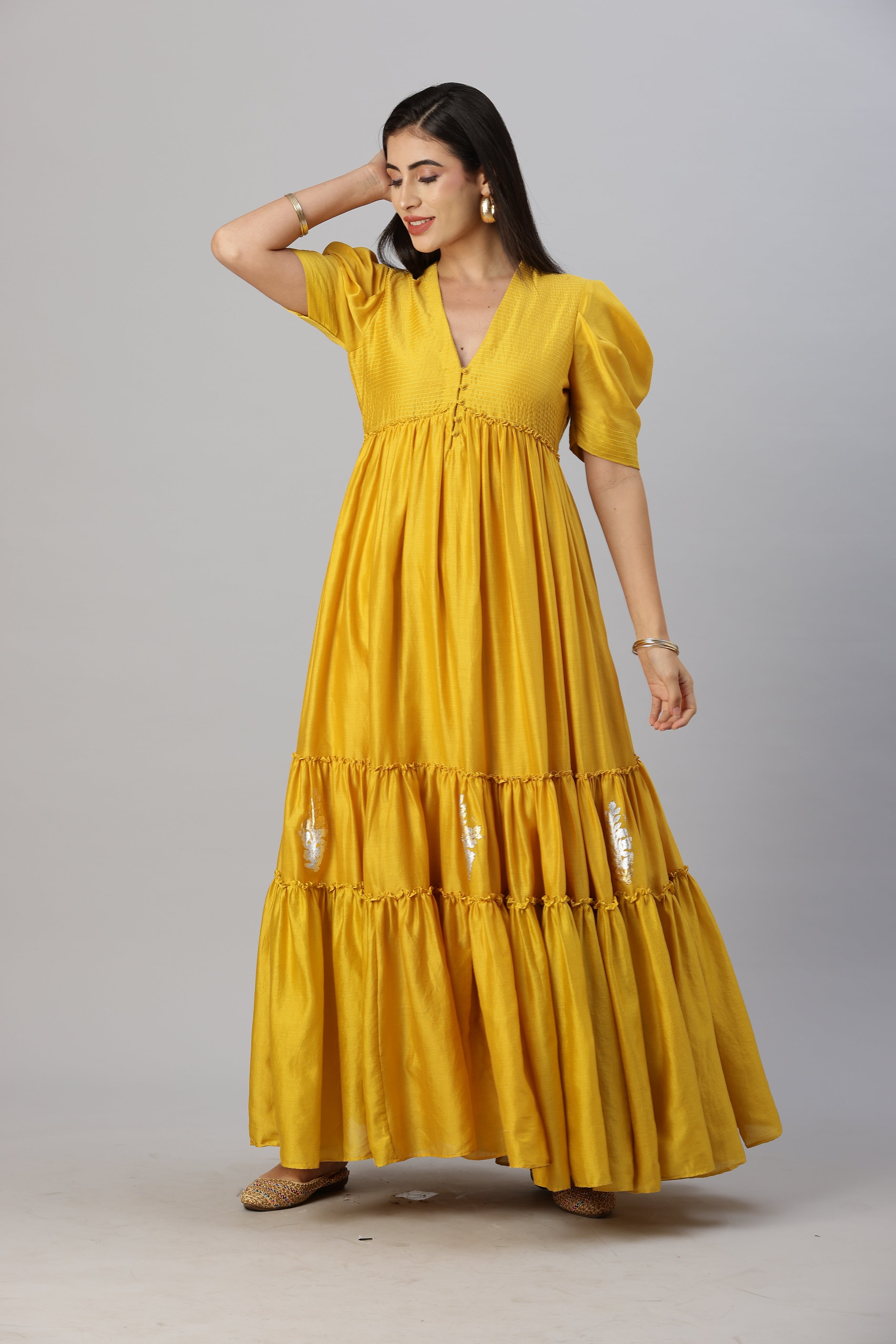 Mustard Gold Bohemian Gown Dress with Stylized Sleeves