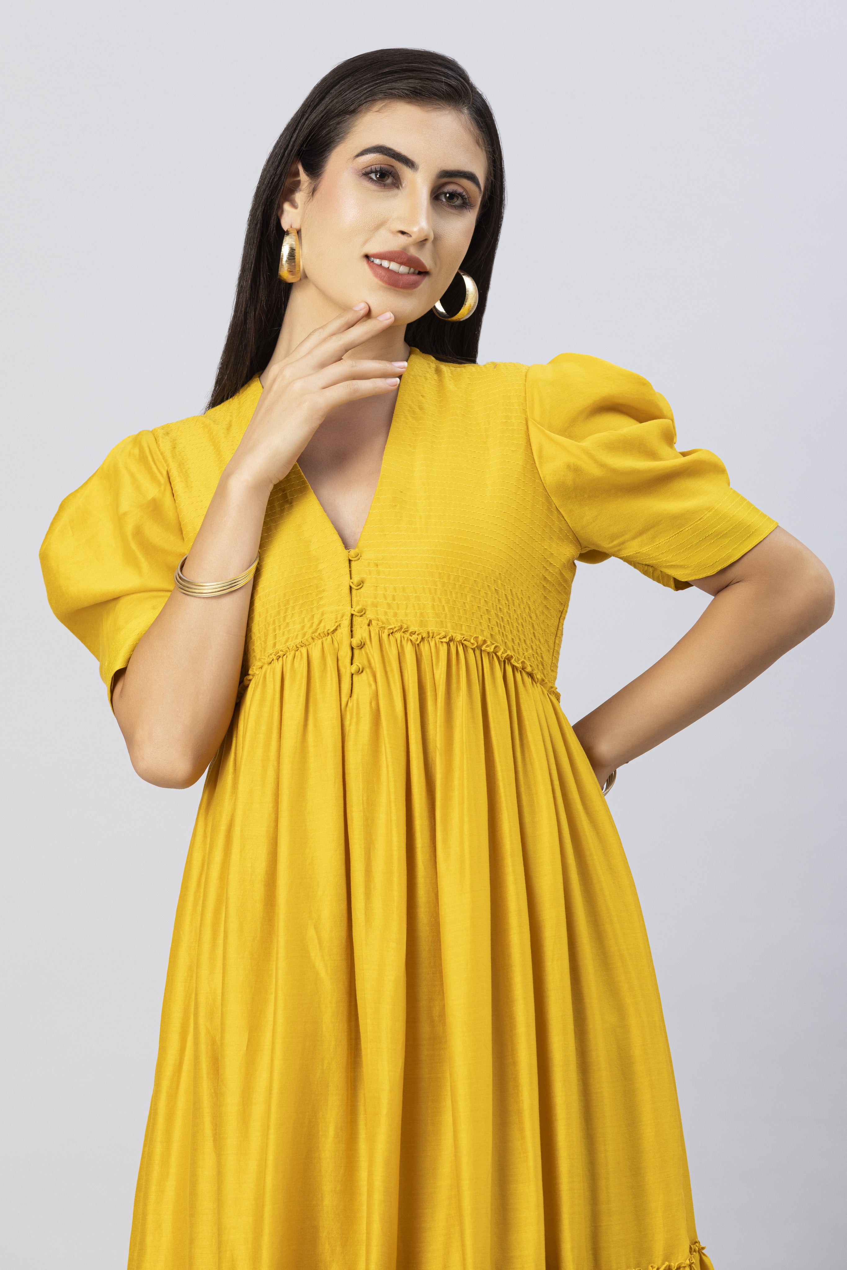 Mustard Gold Bohemian Gown Dress with Stylized Sleeves