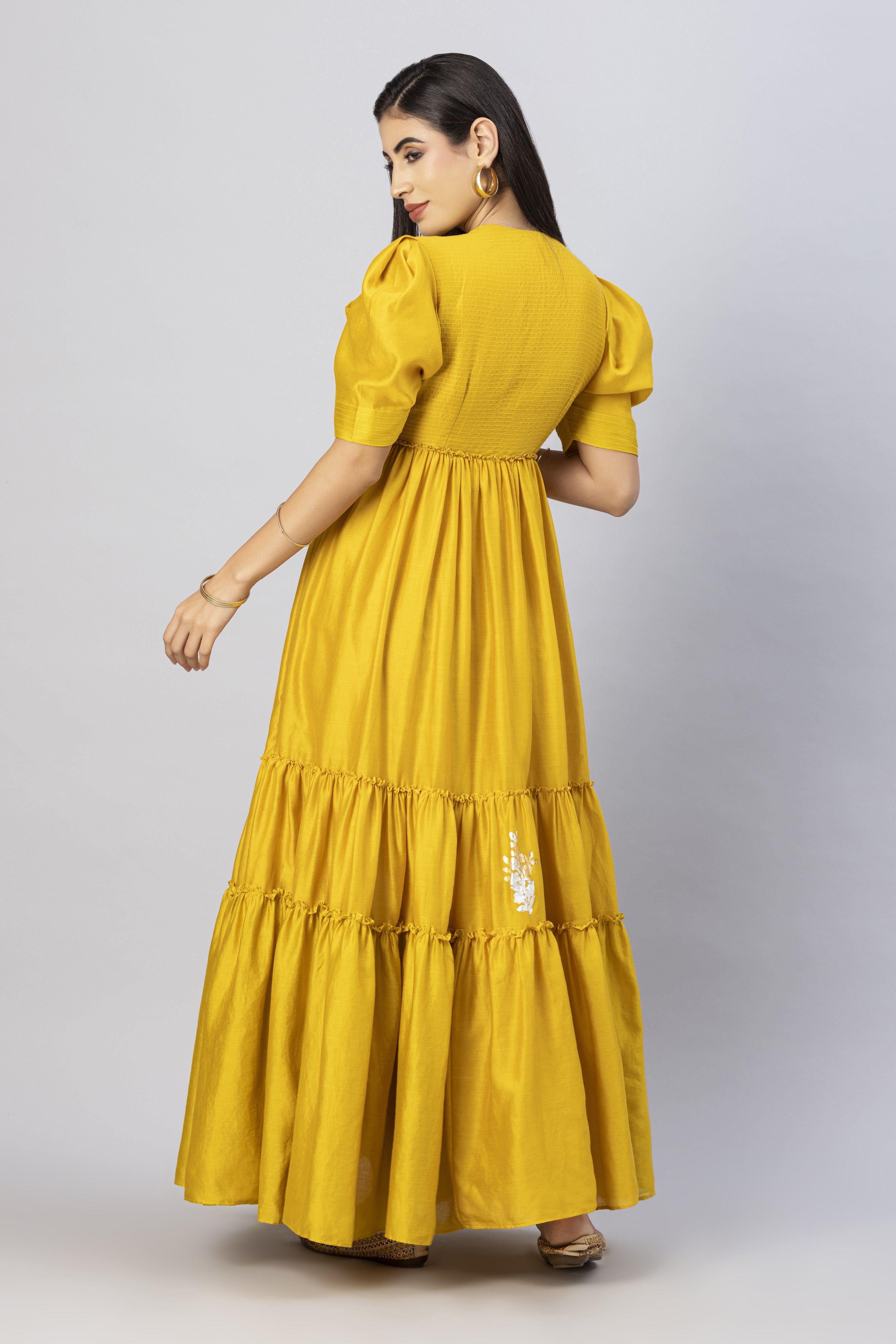 Mustard Gold Bohemian Gown Dress with Stylized Sleeves