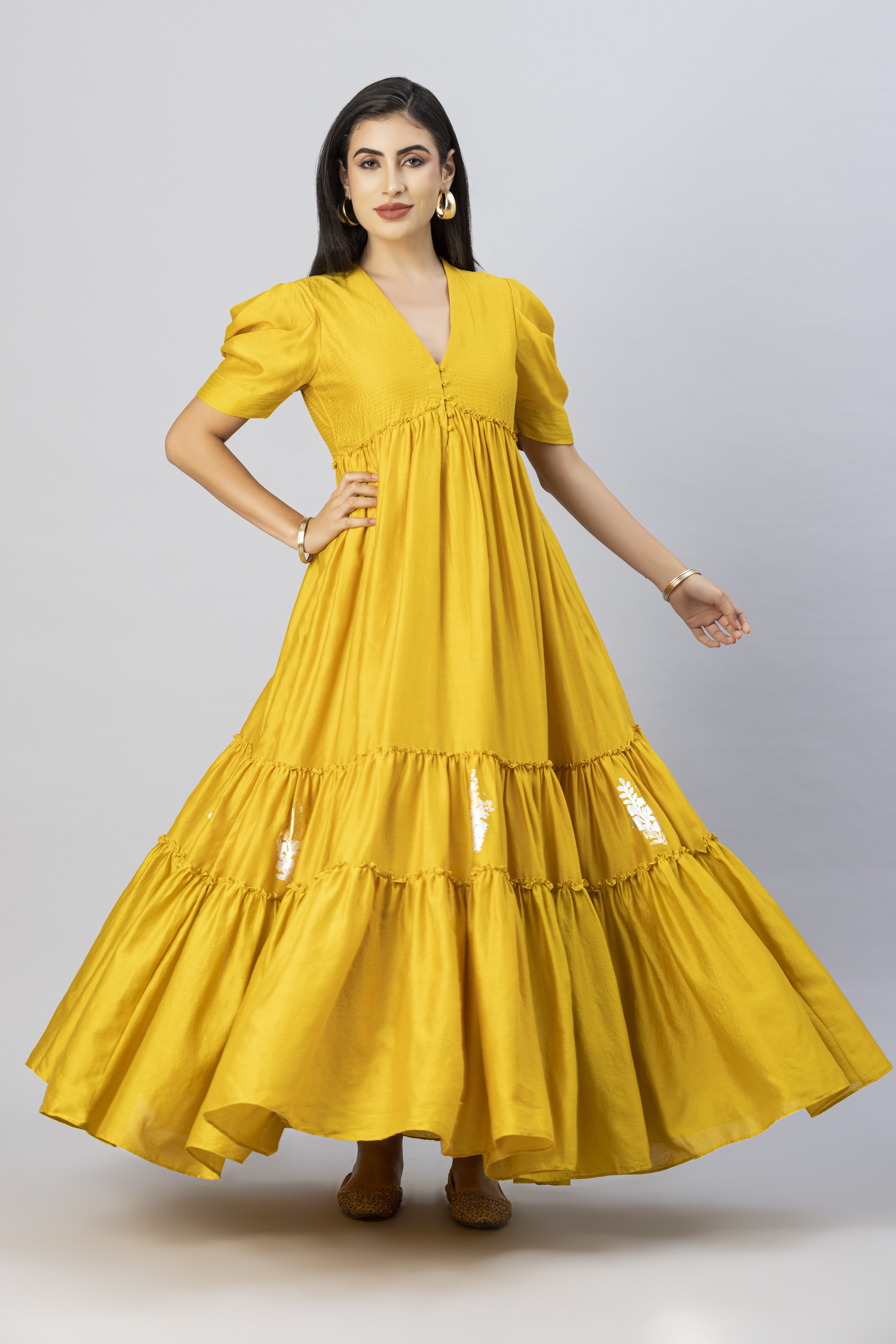 Mustard Gold Bohemian Gown Dress with Stylized Sleeves