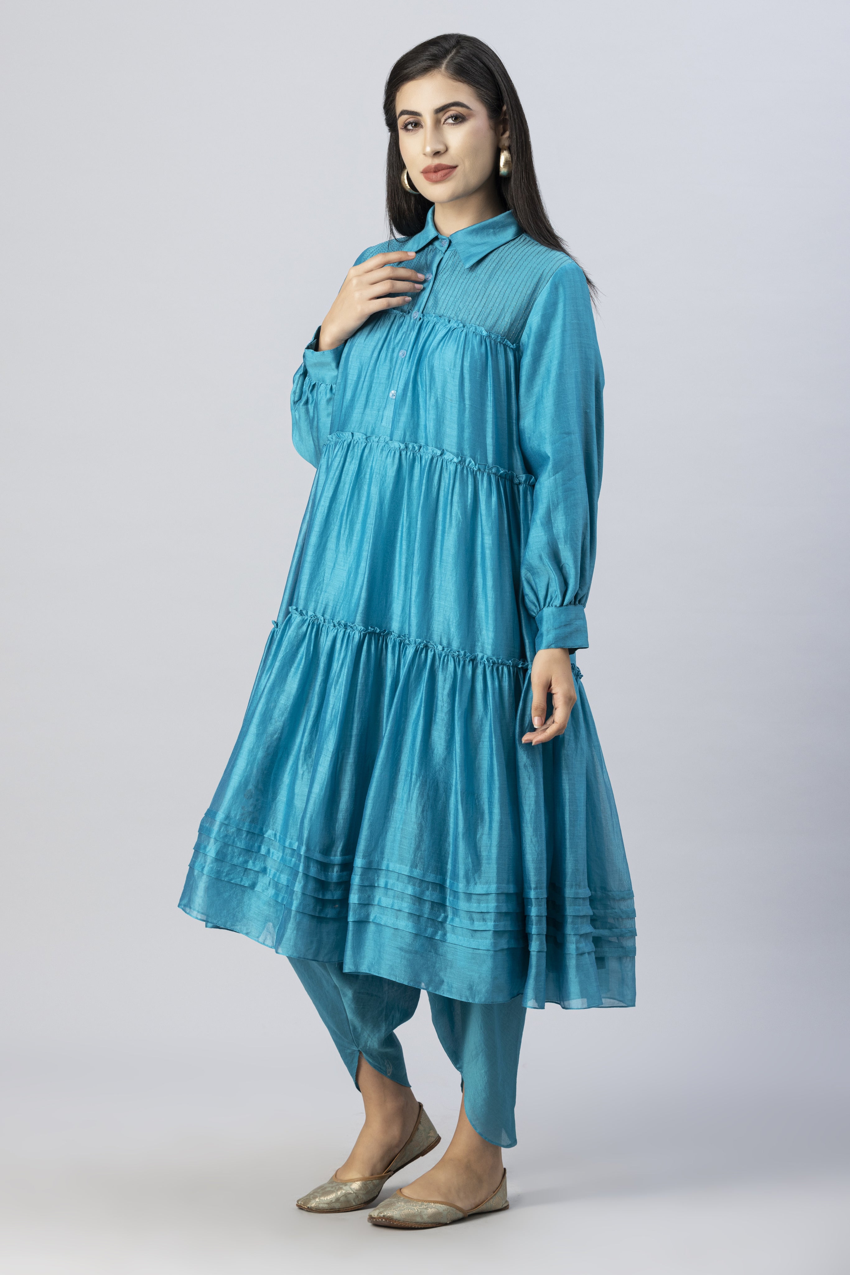 Turquoise Blue Tiered Kurta with Foil Print paired with Dhoti Pants