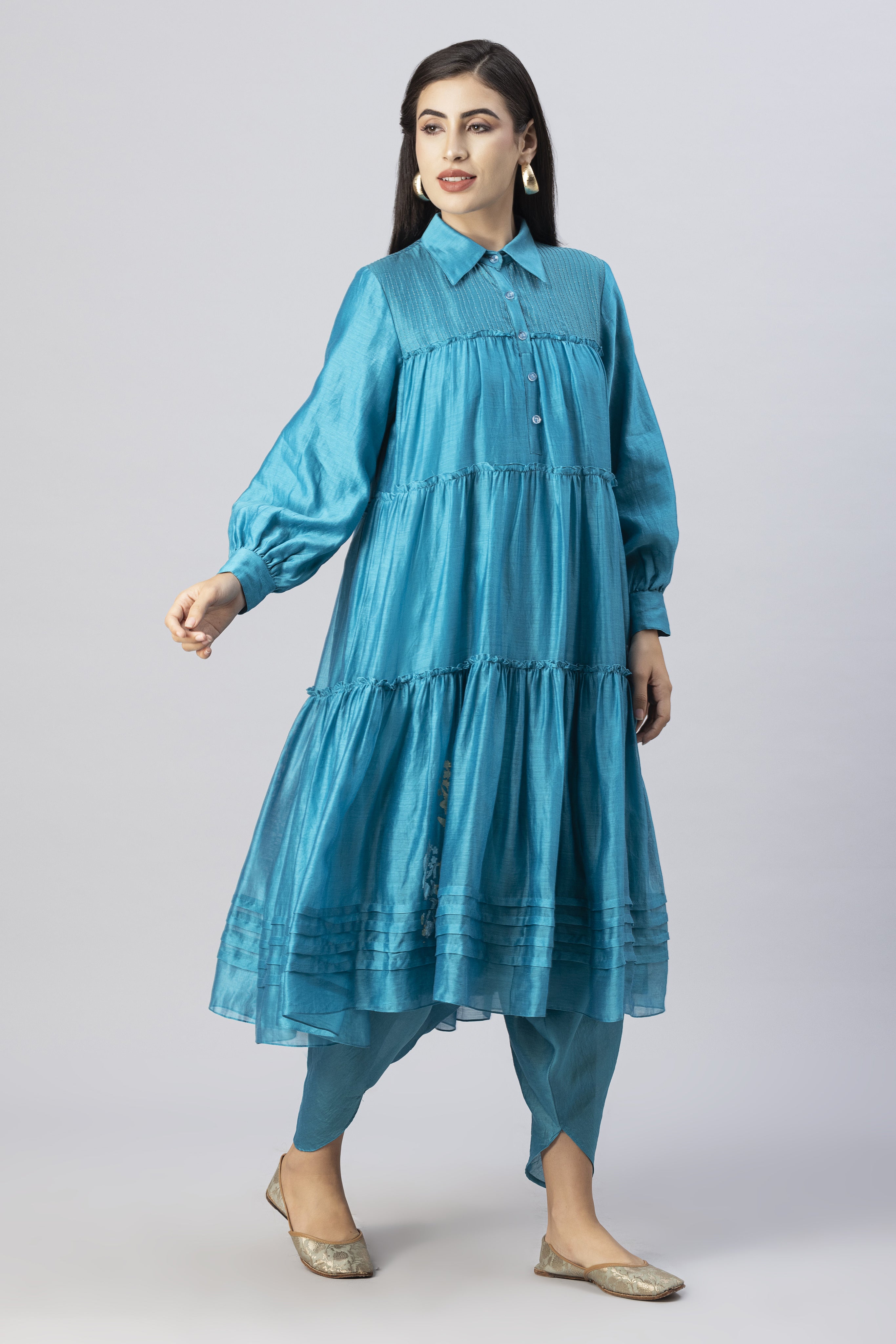 Turquoise Blue Tiered Kurta with Foil Print paired with Dhoti Pants