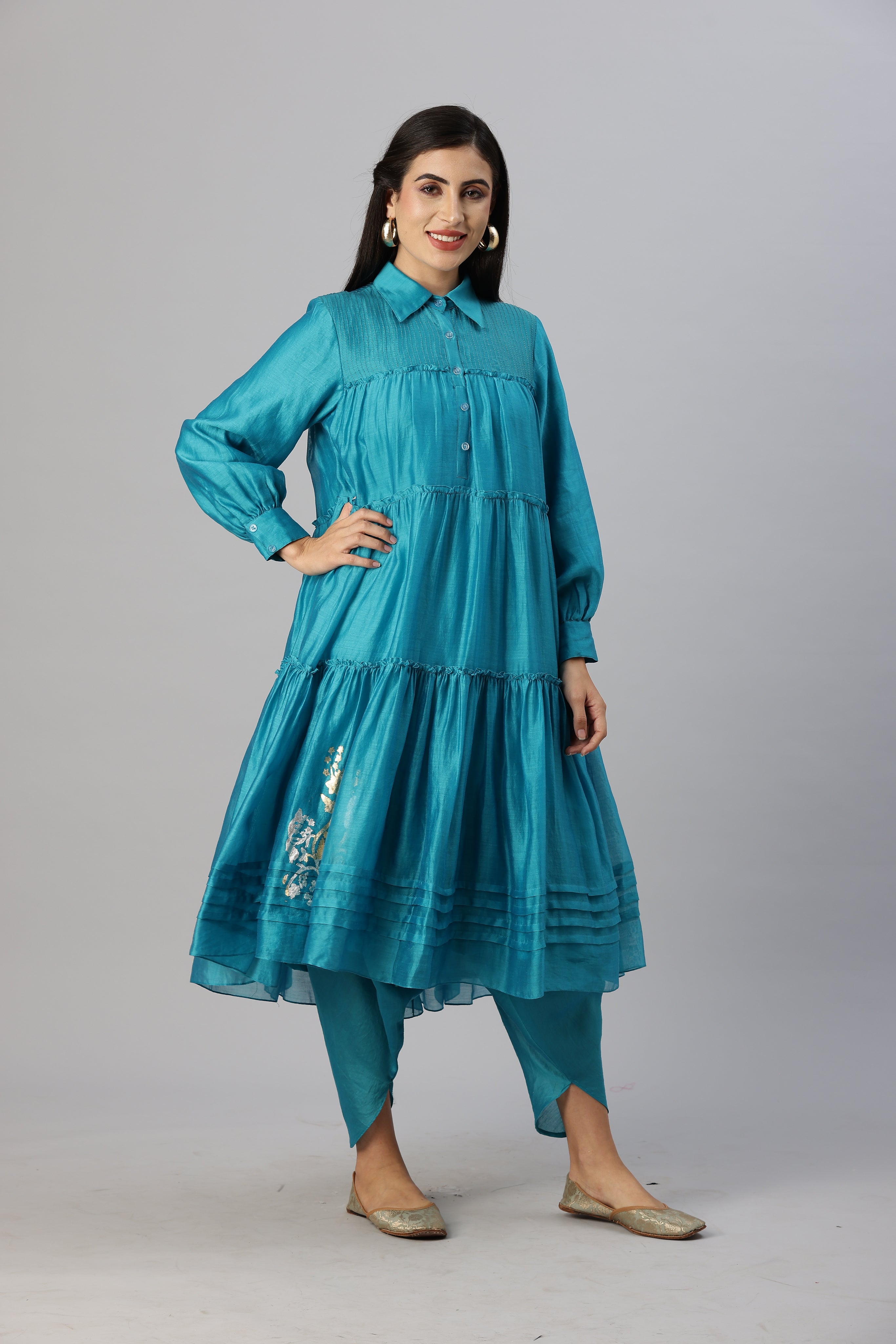 Turquoise Blue Tiered Kurta with Foil Print paired with Dhoti Pants