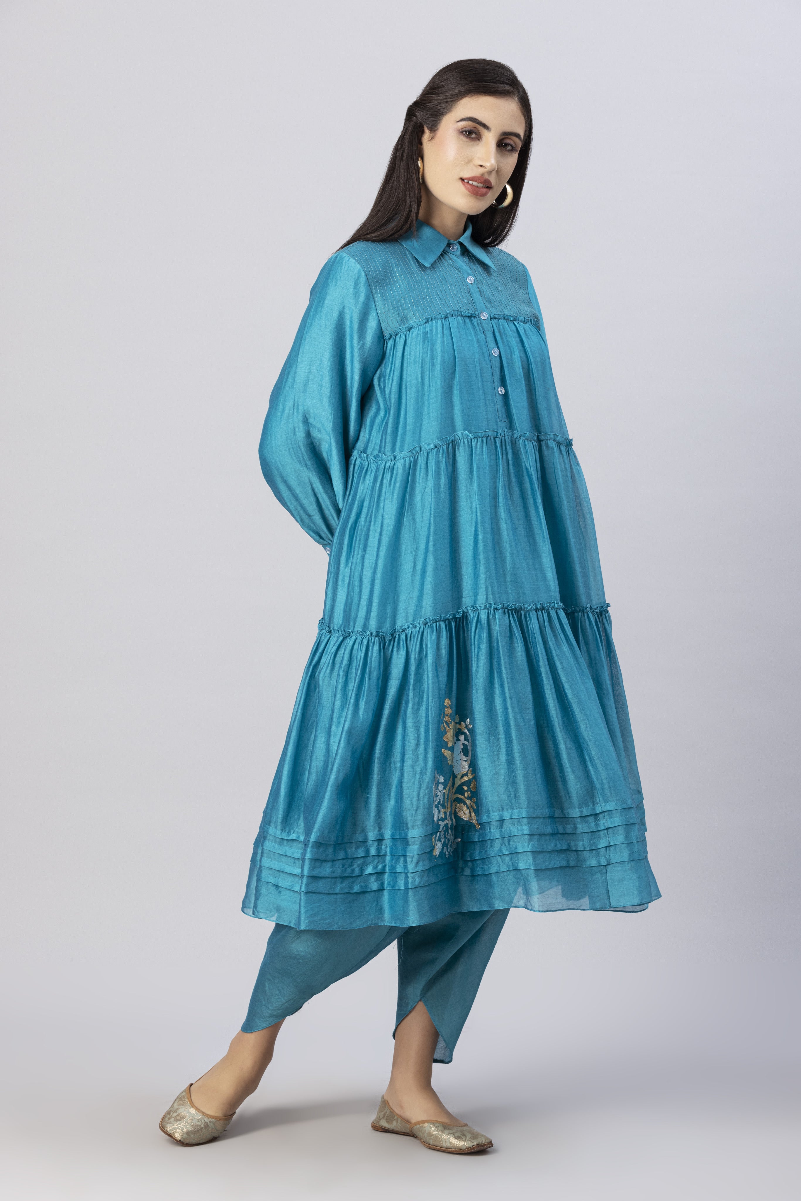 Turquoise Blue Tiered Kurta with Foil Print paired with Dhoti Pants