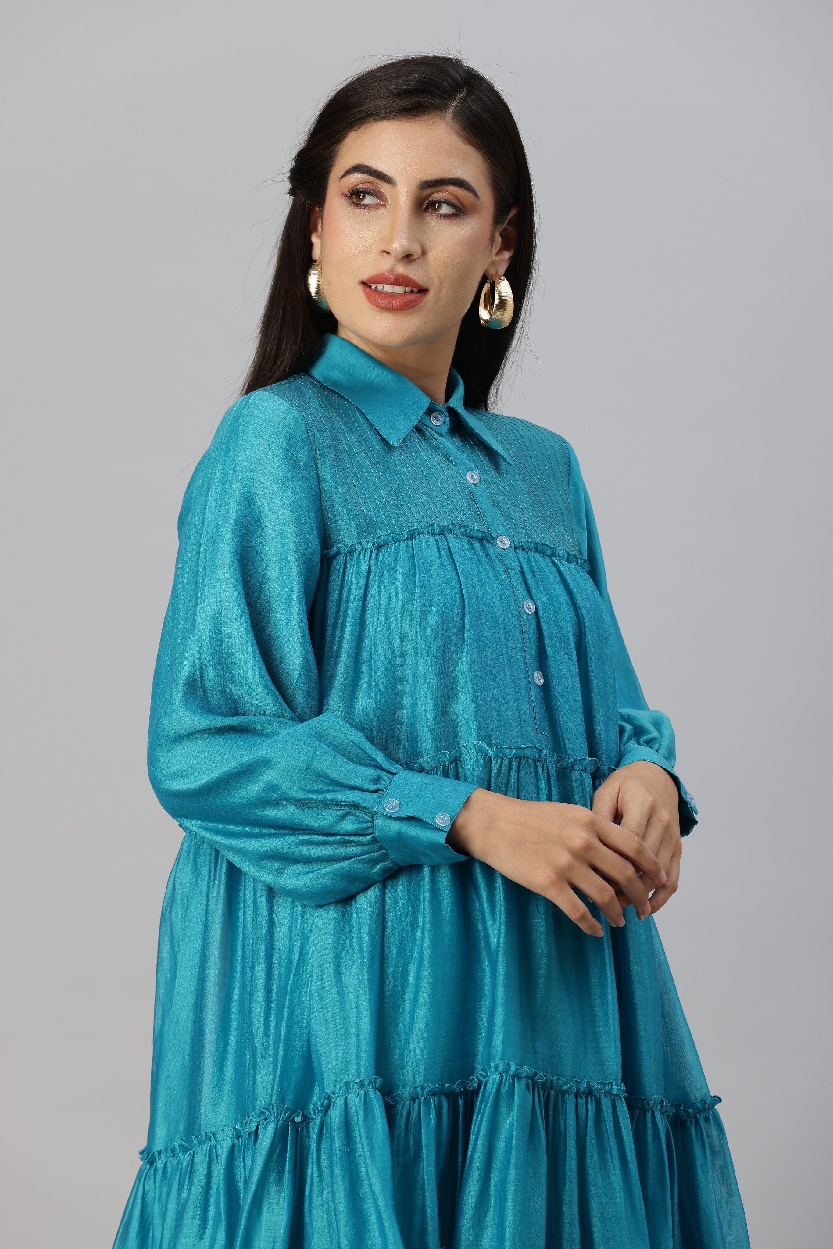Turquoise Blue Tiered Kurta with Foil Print paired with Dhoti Pants