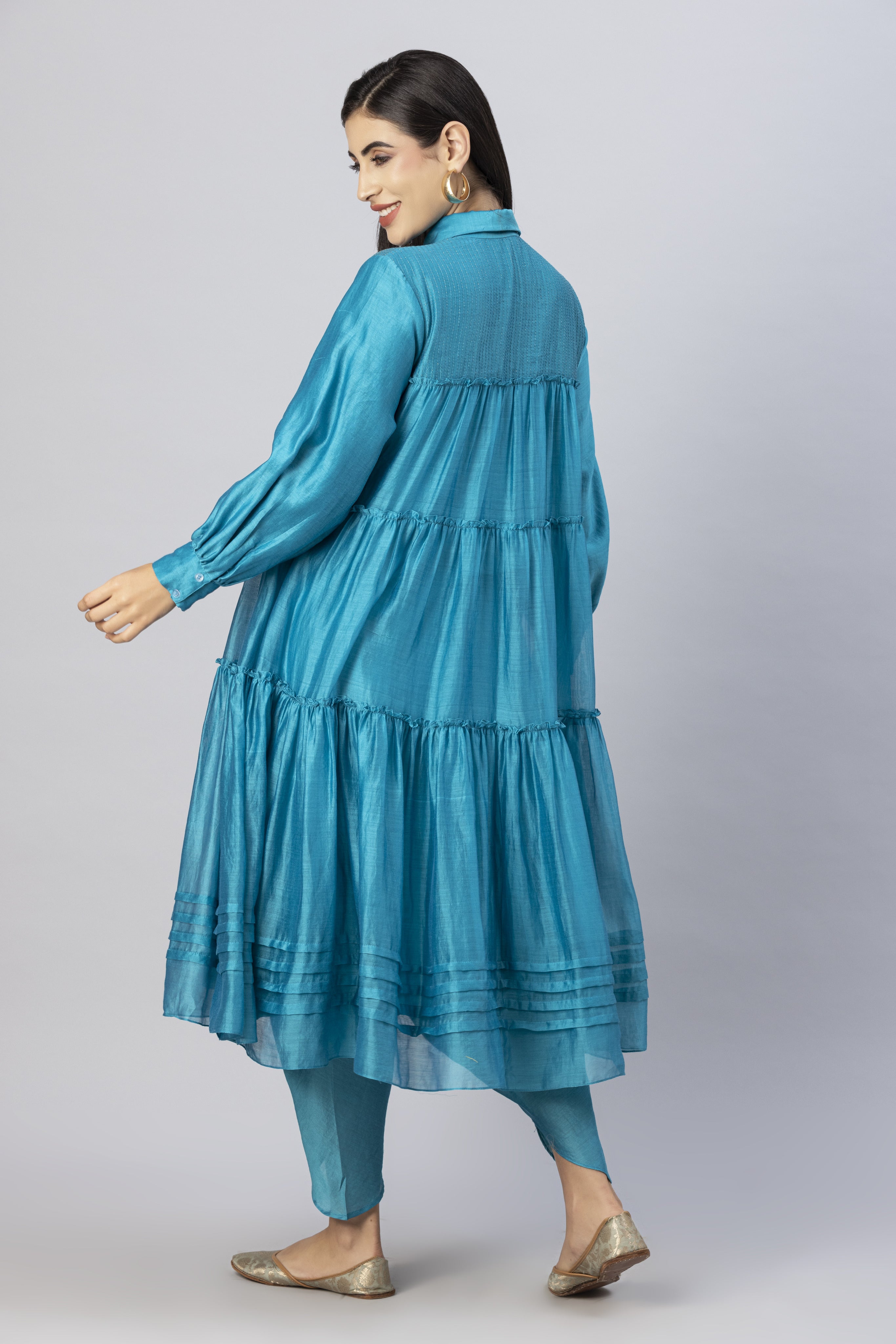 Turquoise Blue Tiered Kurta with Foil Print paired with Dhoti Pants