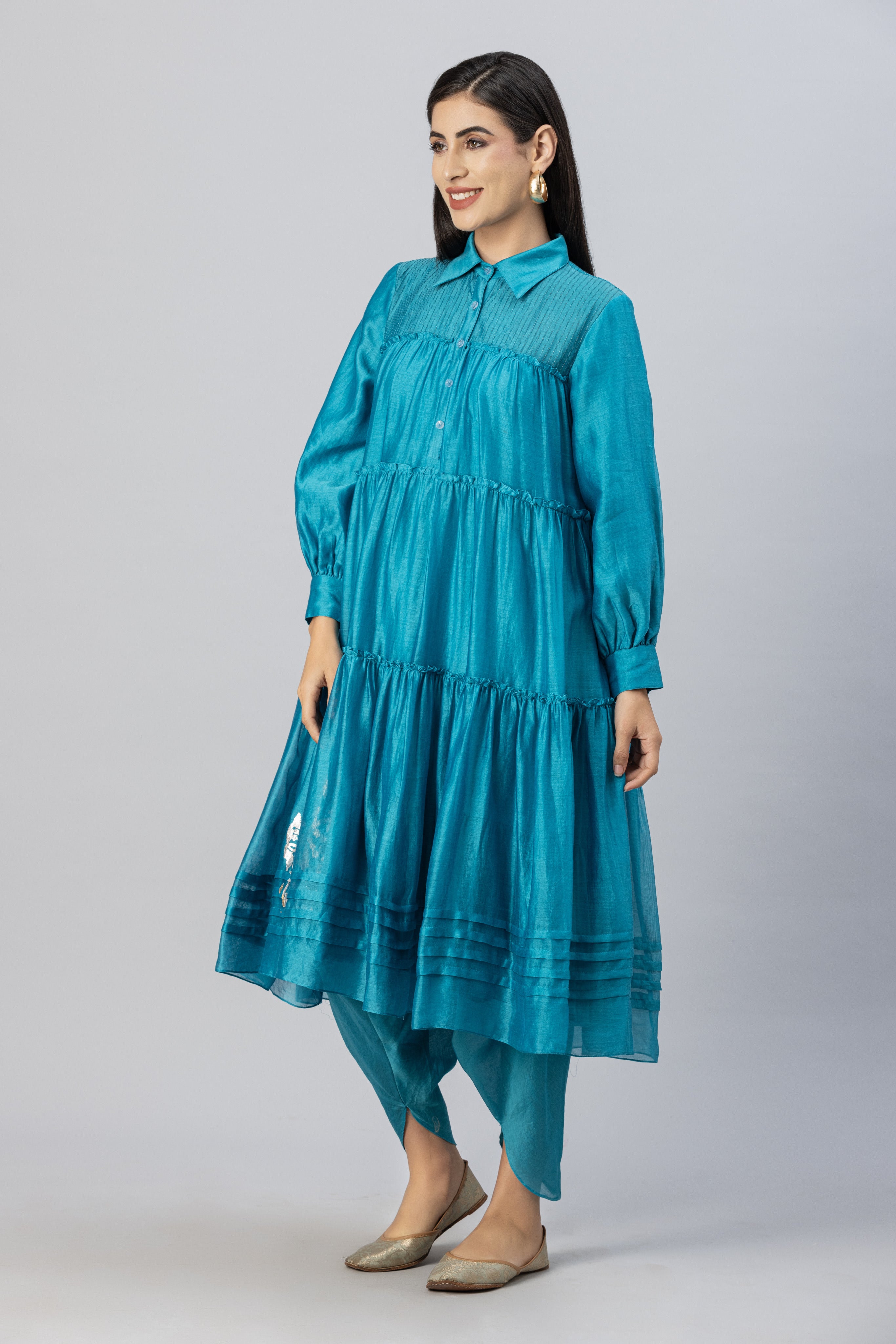 Turquoise Blue Tiered Kurta with Foil Print paired with Dhoti Pants