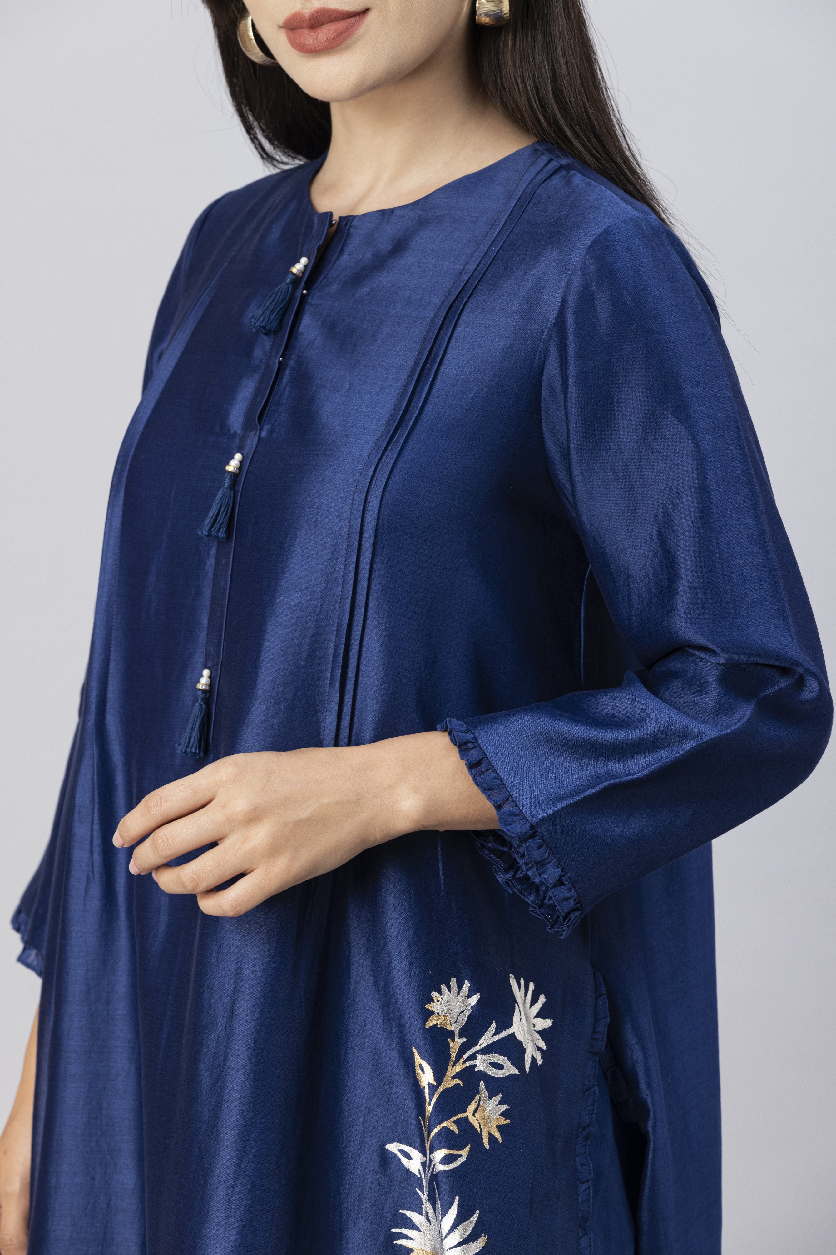 Brewers Blue Straight Kurta with Slim Pants and Mirror Work Dupatta Set