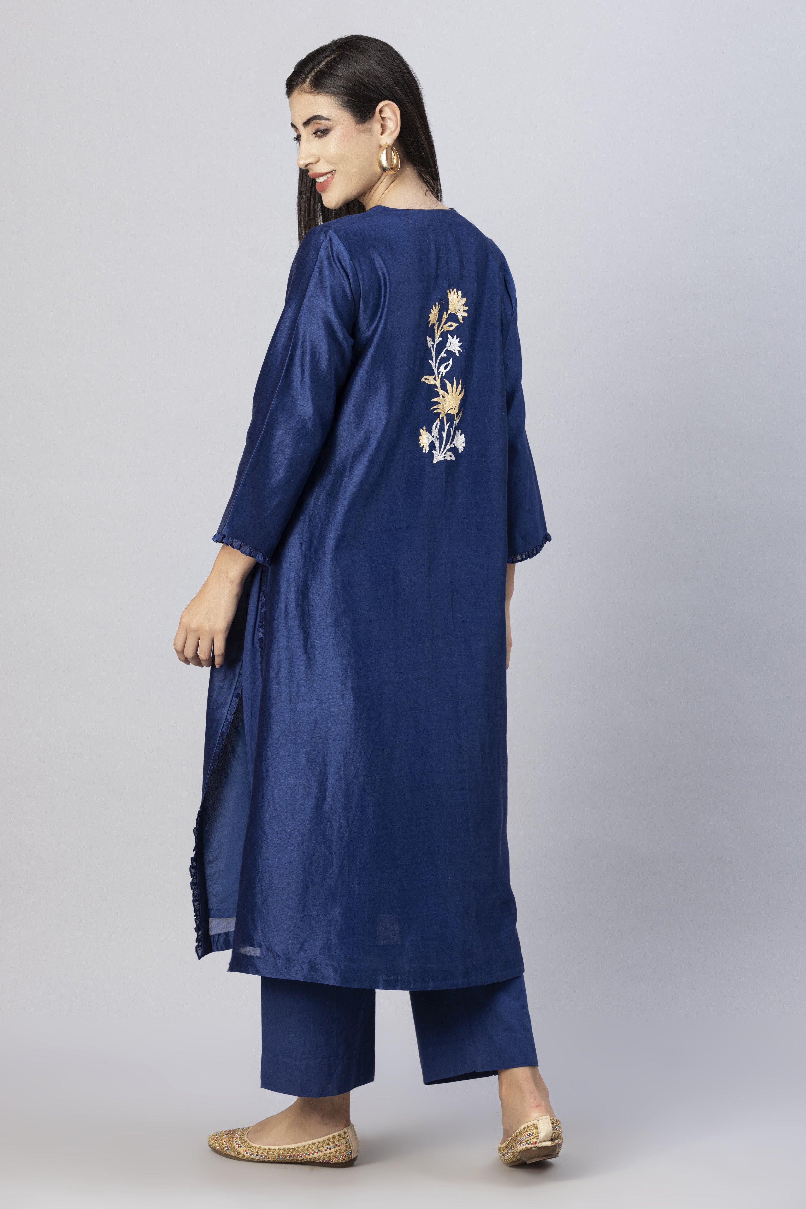 Brewers Blue Straight Kurta with Slim Pants and Mirror Work Dupatta Set