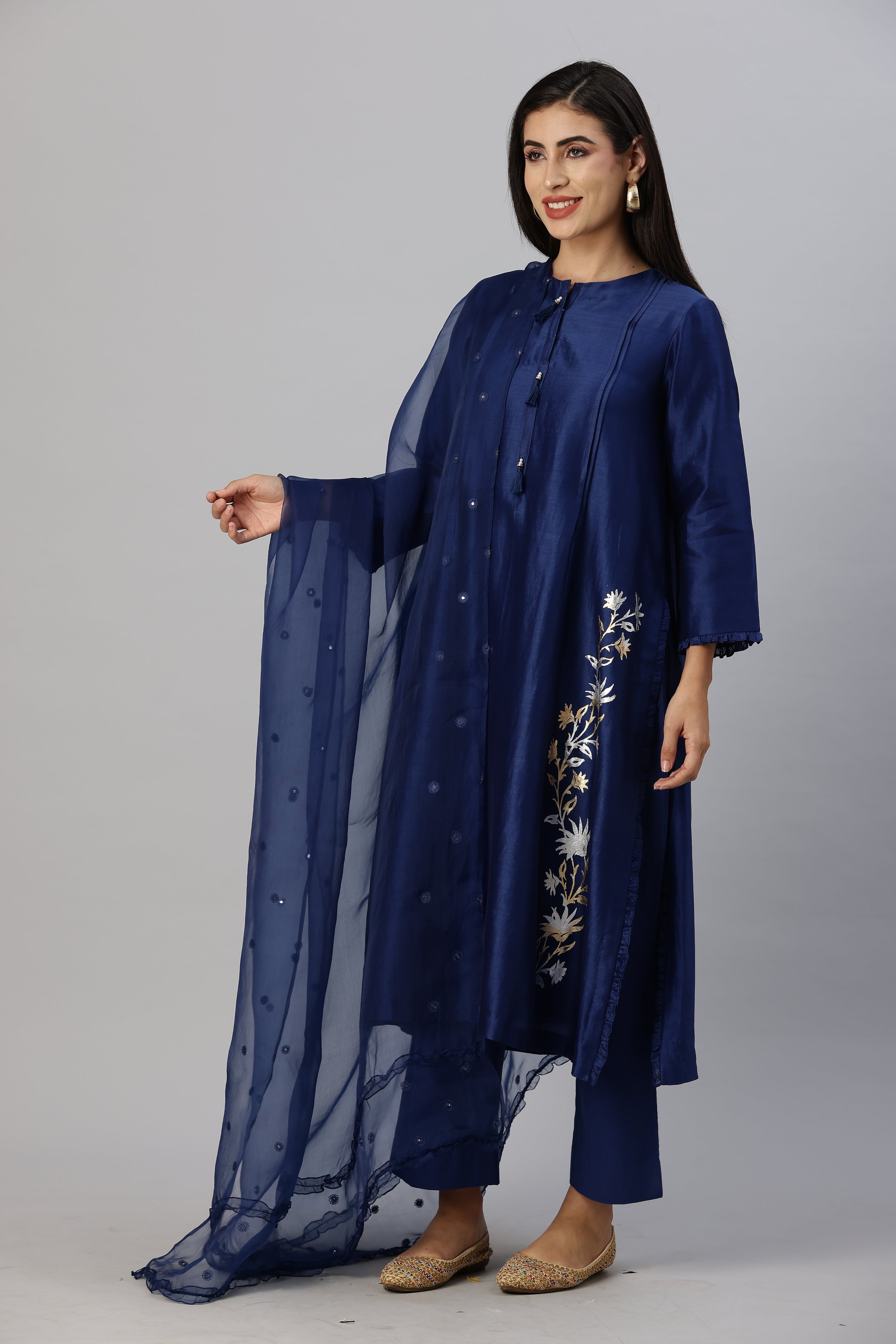 Brewers Blue Straight Kurta with Slim Pants and Mirror Work Dupatta Set