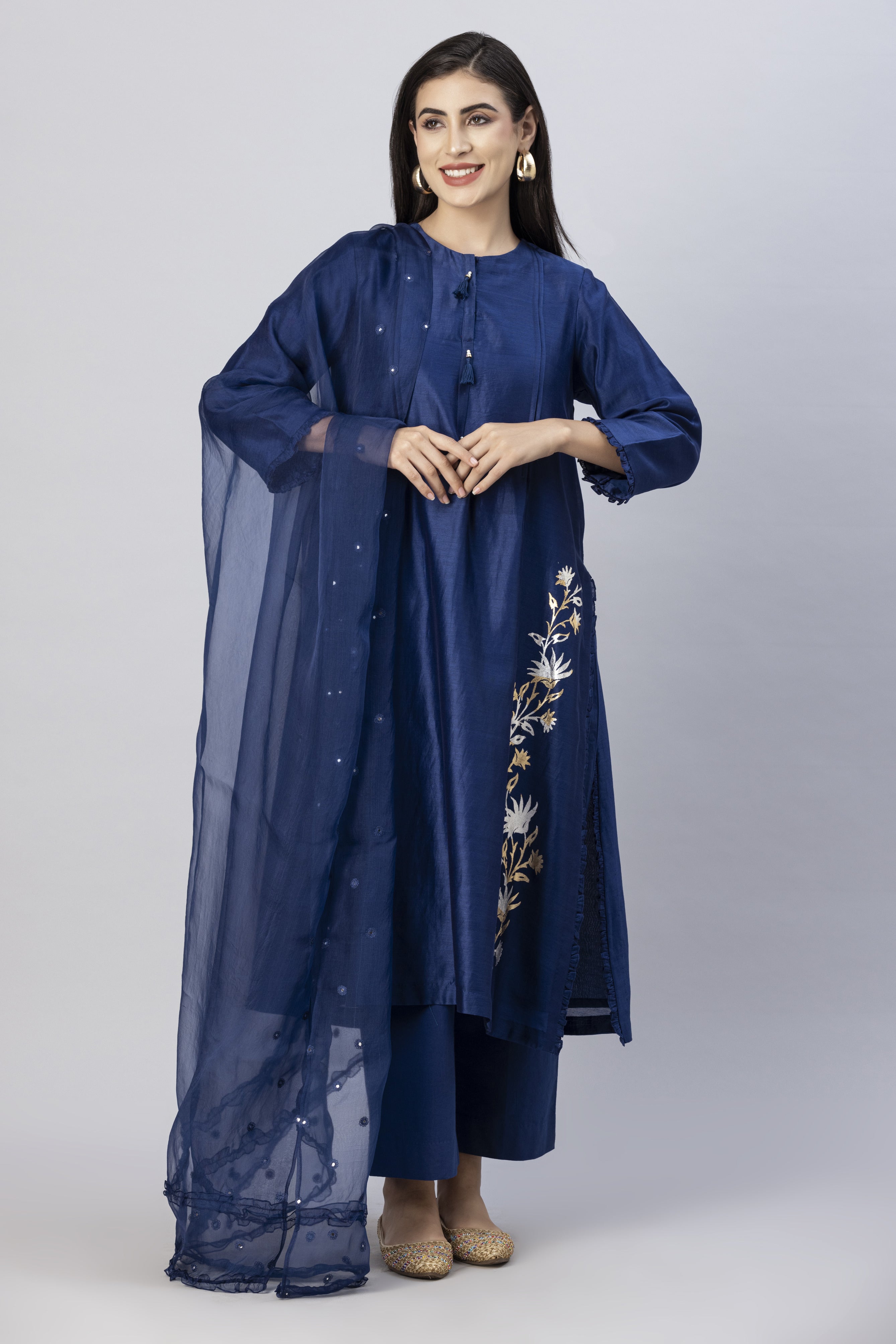 Brewers Blue Straight Kurta with Slim Pants and Mirror Work Dupatta Set
