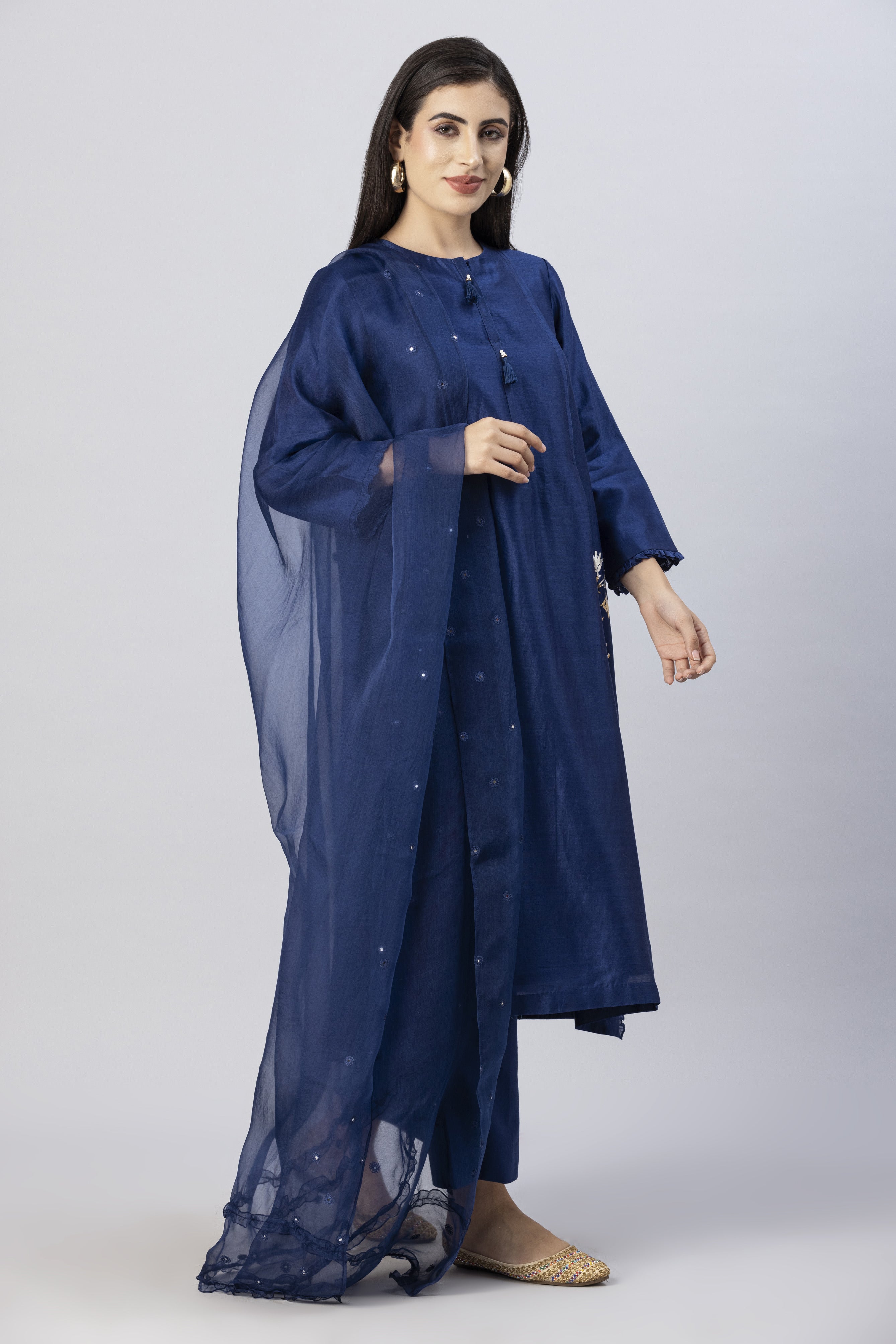 Brewers Blue Straight Kurta with Slim Pants and Mirror Work Dupatta Set