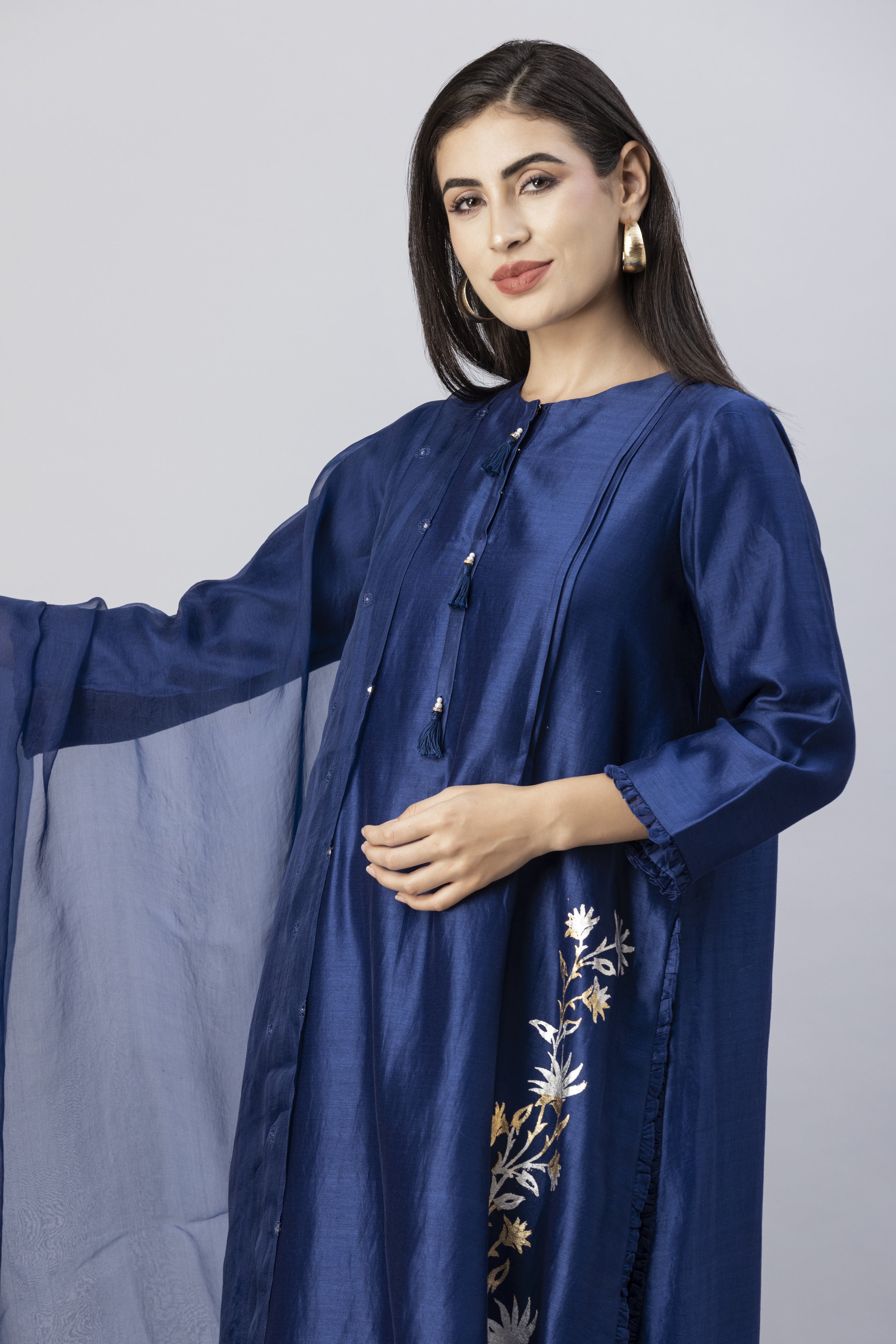 Brewers Blue Straight Kurta with Slim Pants and Mirror Work Dupatta Set