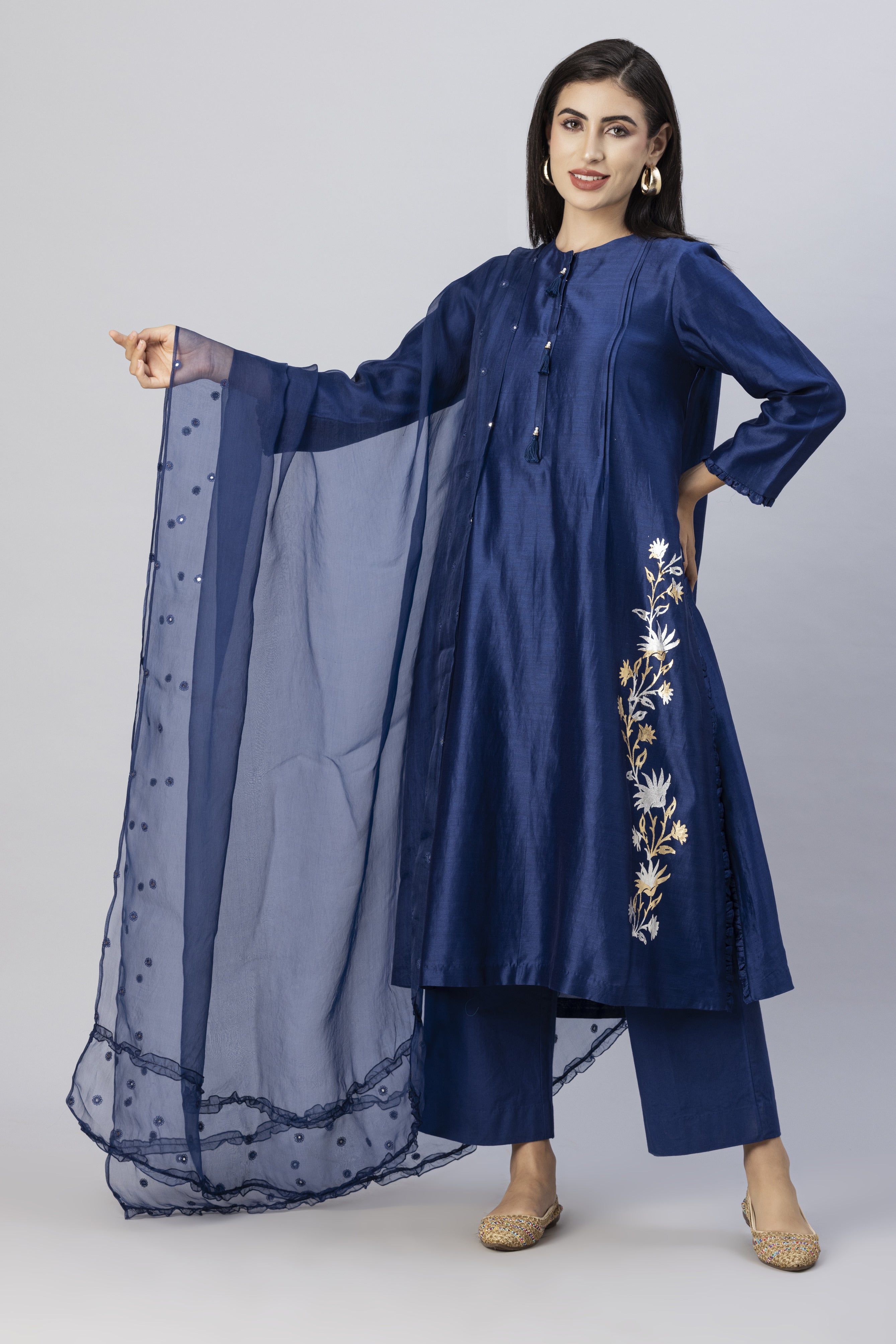 Brewers Blue Straight Kurta with Slim Pants and Mirror Work Dupatta Set