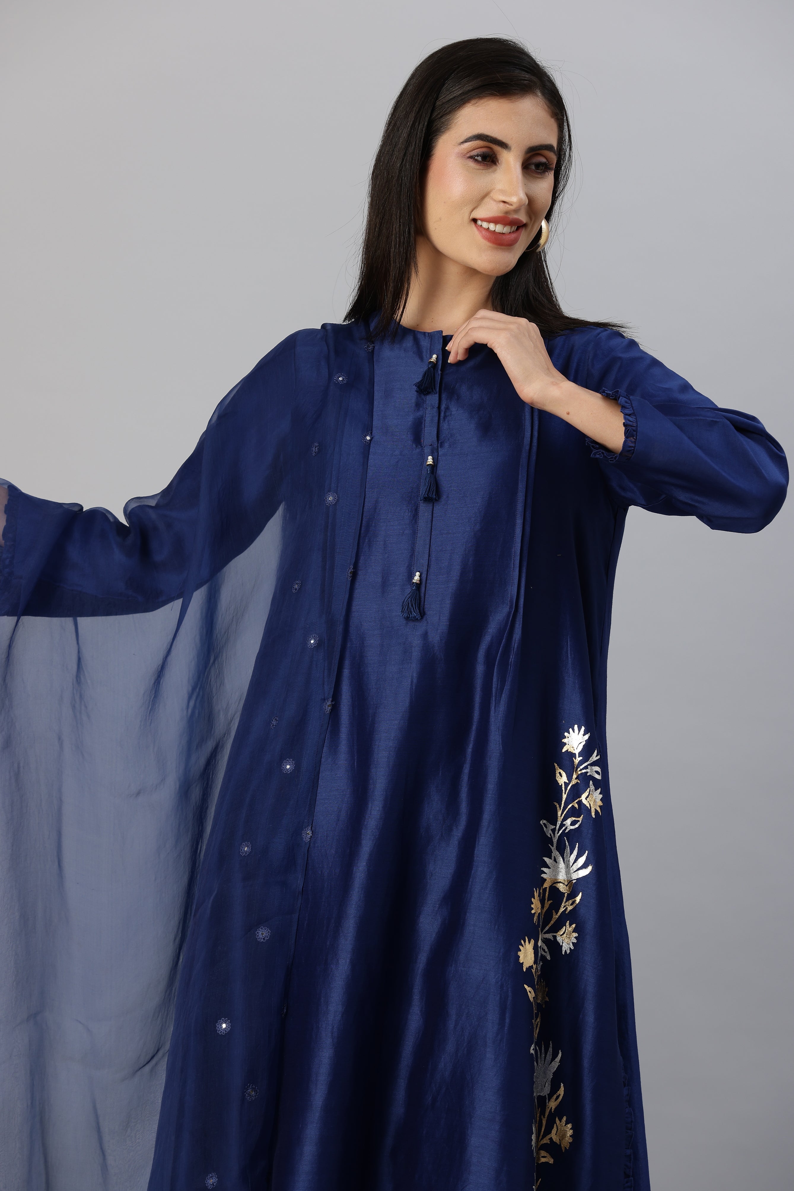 Brewers Blue Straight Kurta with Slim Pants and Mirror Work Dupatta Set
