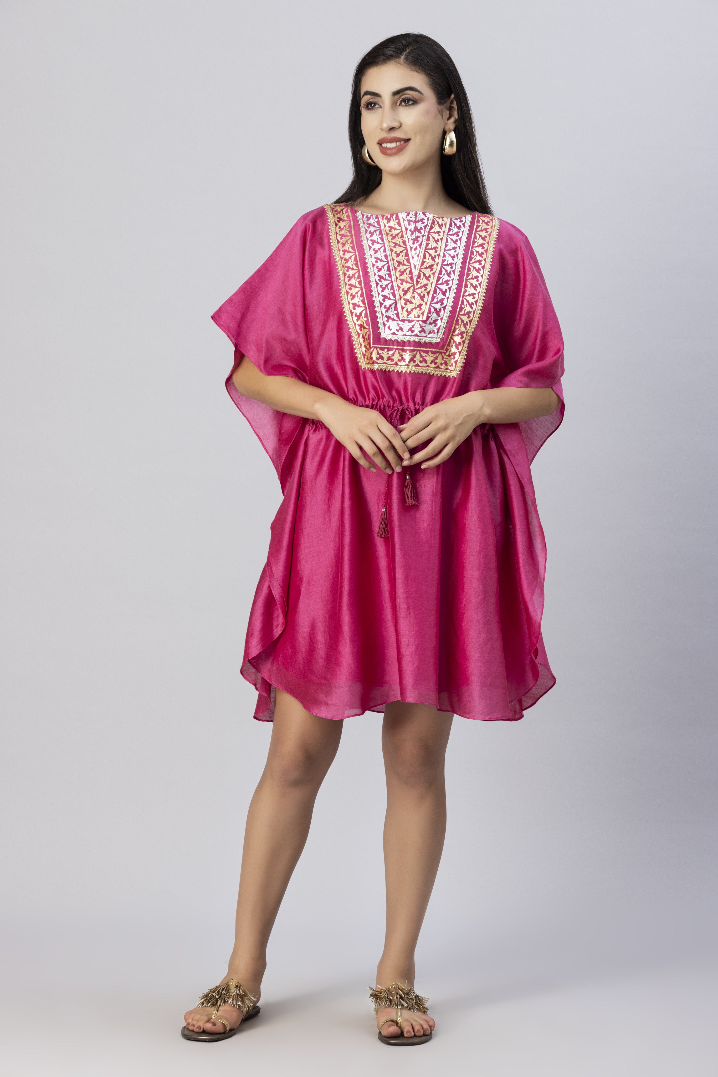 Rosewood Pink with Mirror work Skirt and Kimono Style Foil Work Top