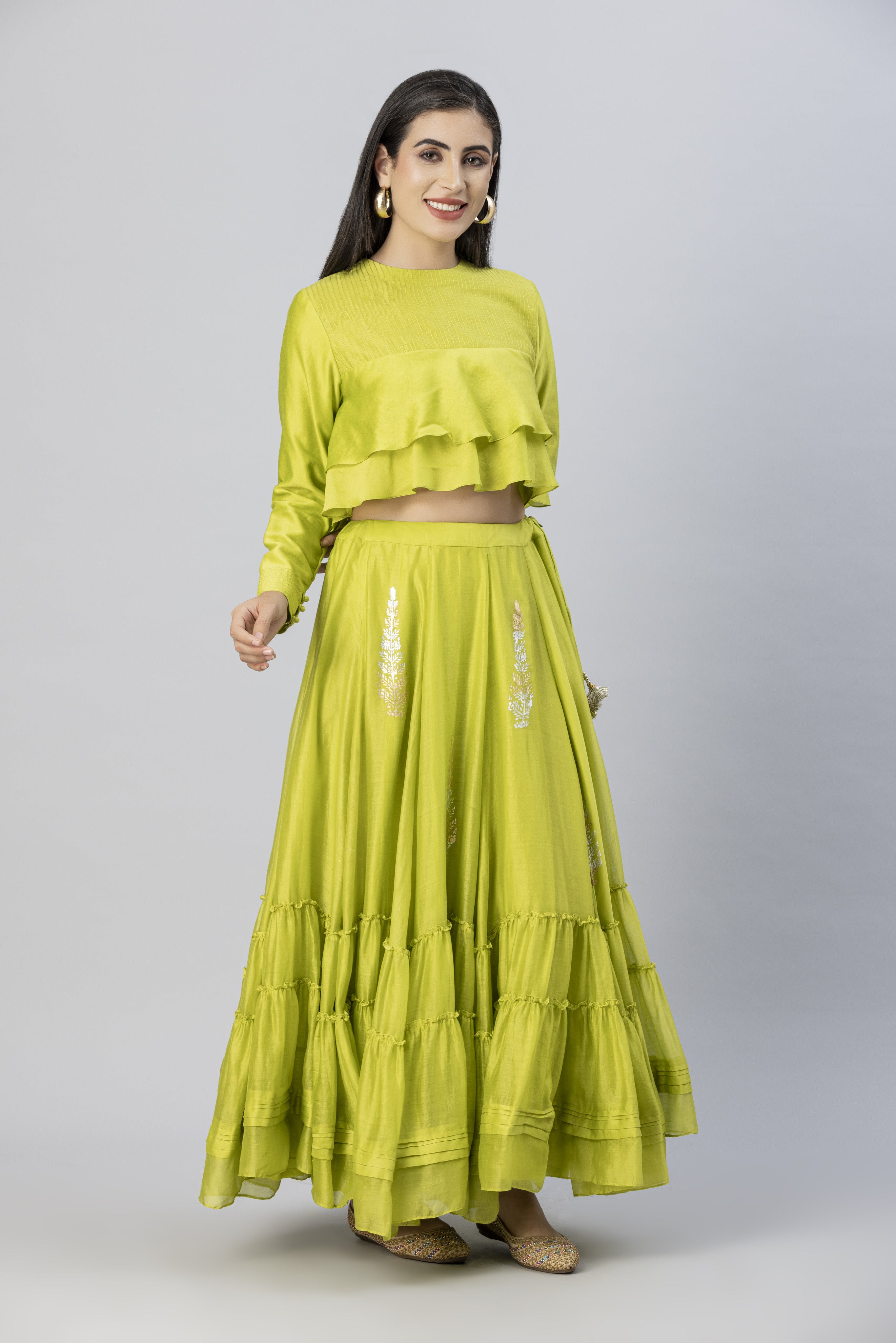 Lime Green Bohemian Lehenga Skirt with Layered Crop Top