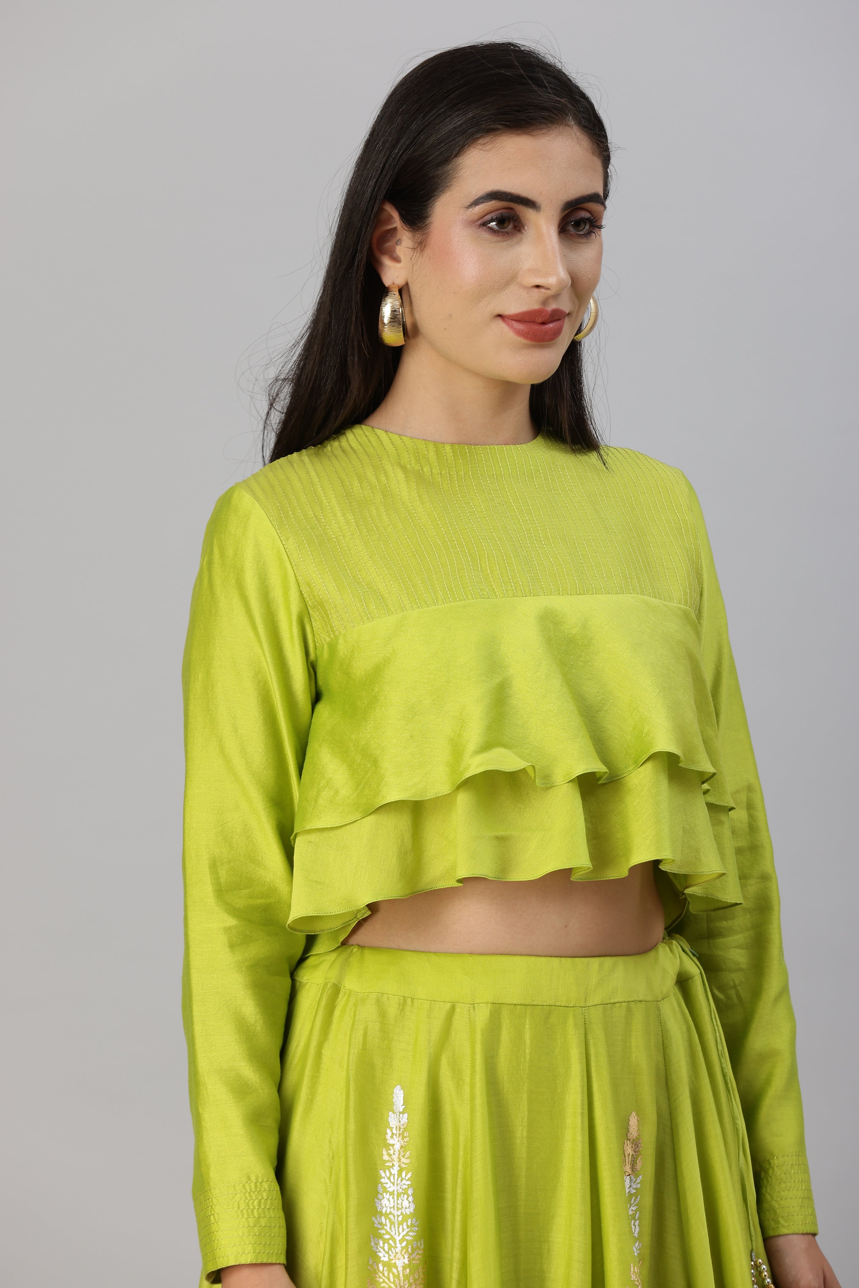 Lime Green Bohemian Lehenga Skirt with Layered Crop Top
