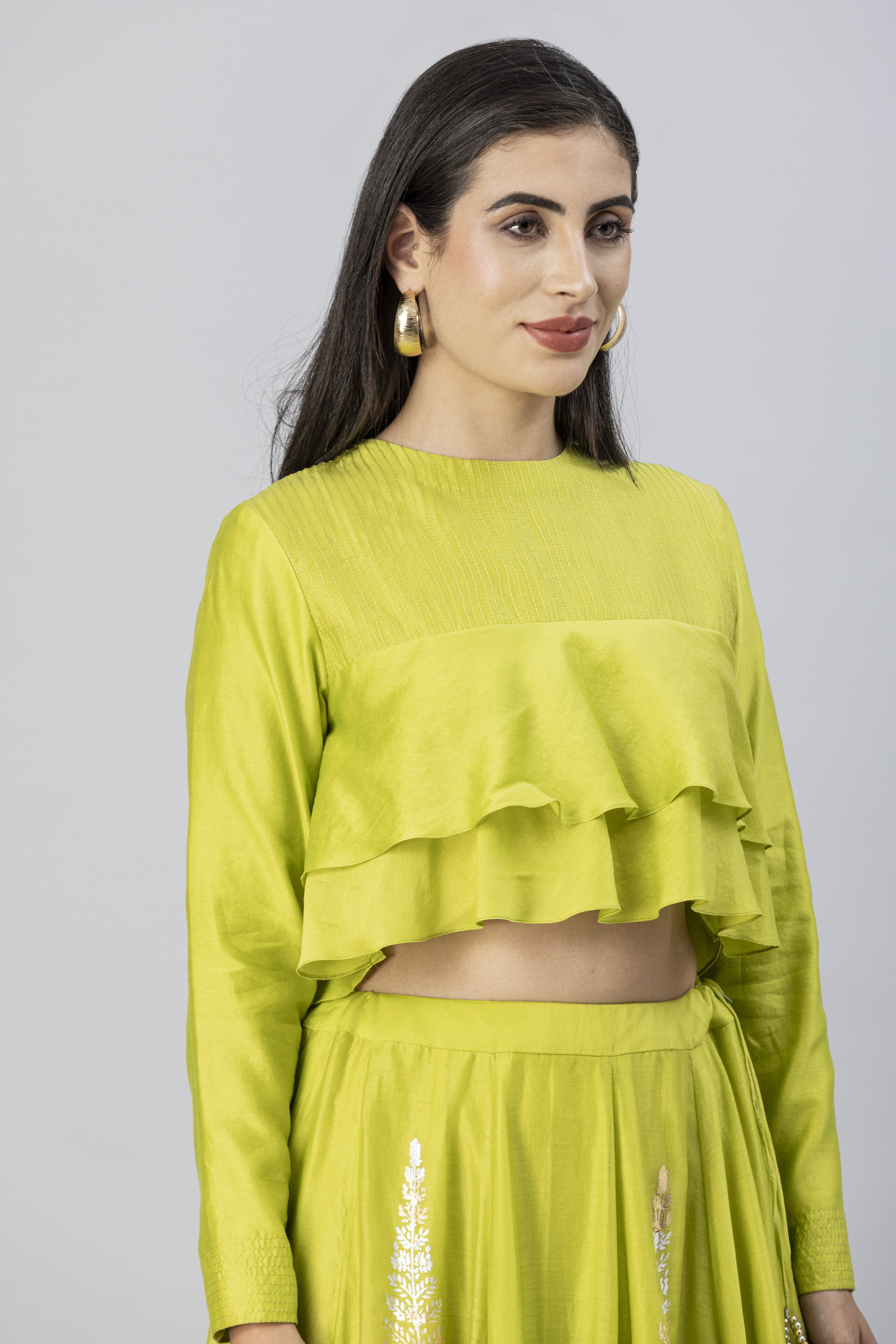 Lime Green Bohemian Lehenga Skirt with Layered Crop Top