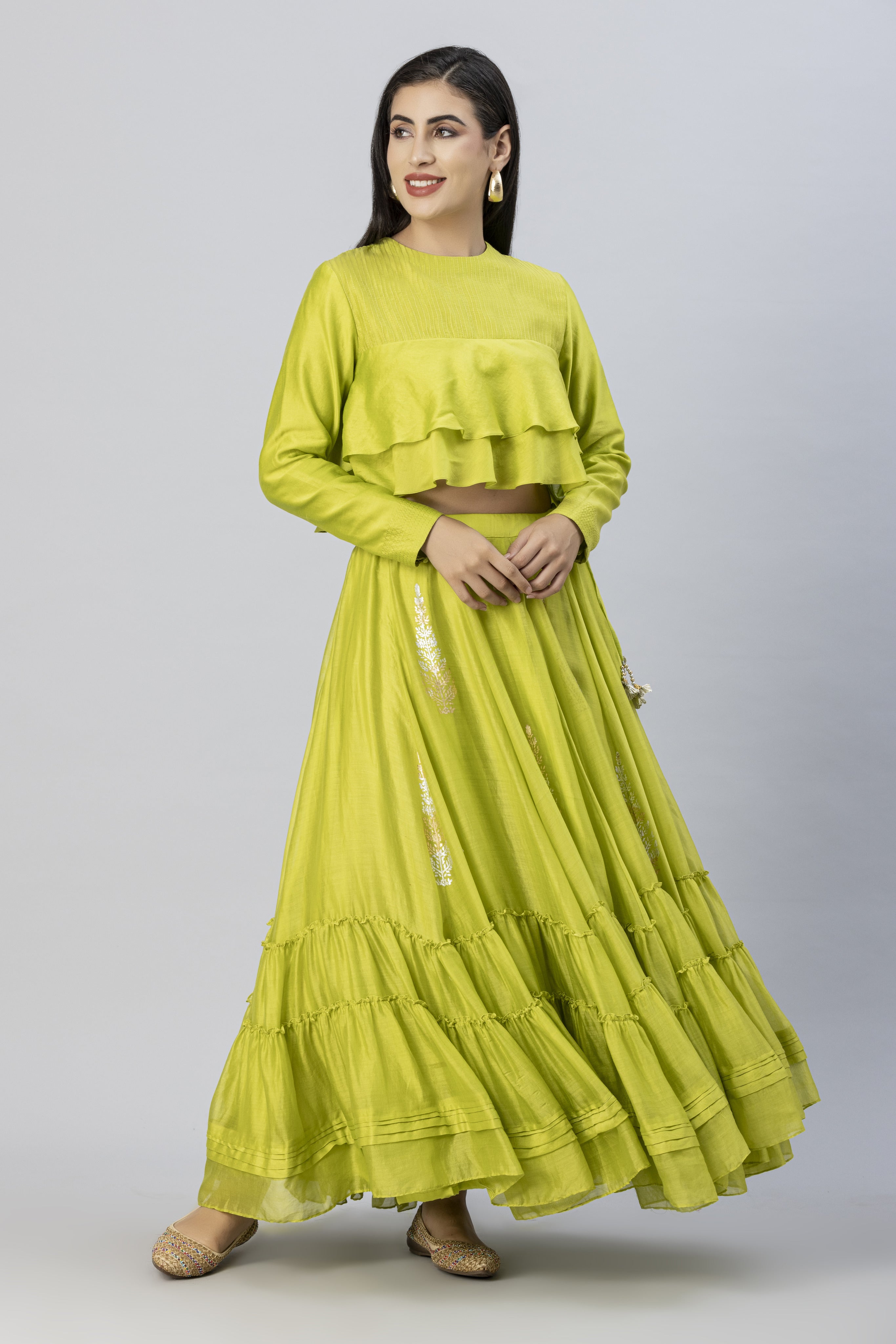 Lime Green Bohemian Lehenga Skirt with Layered Crop Top