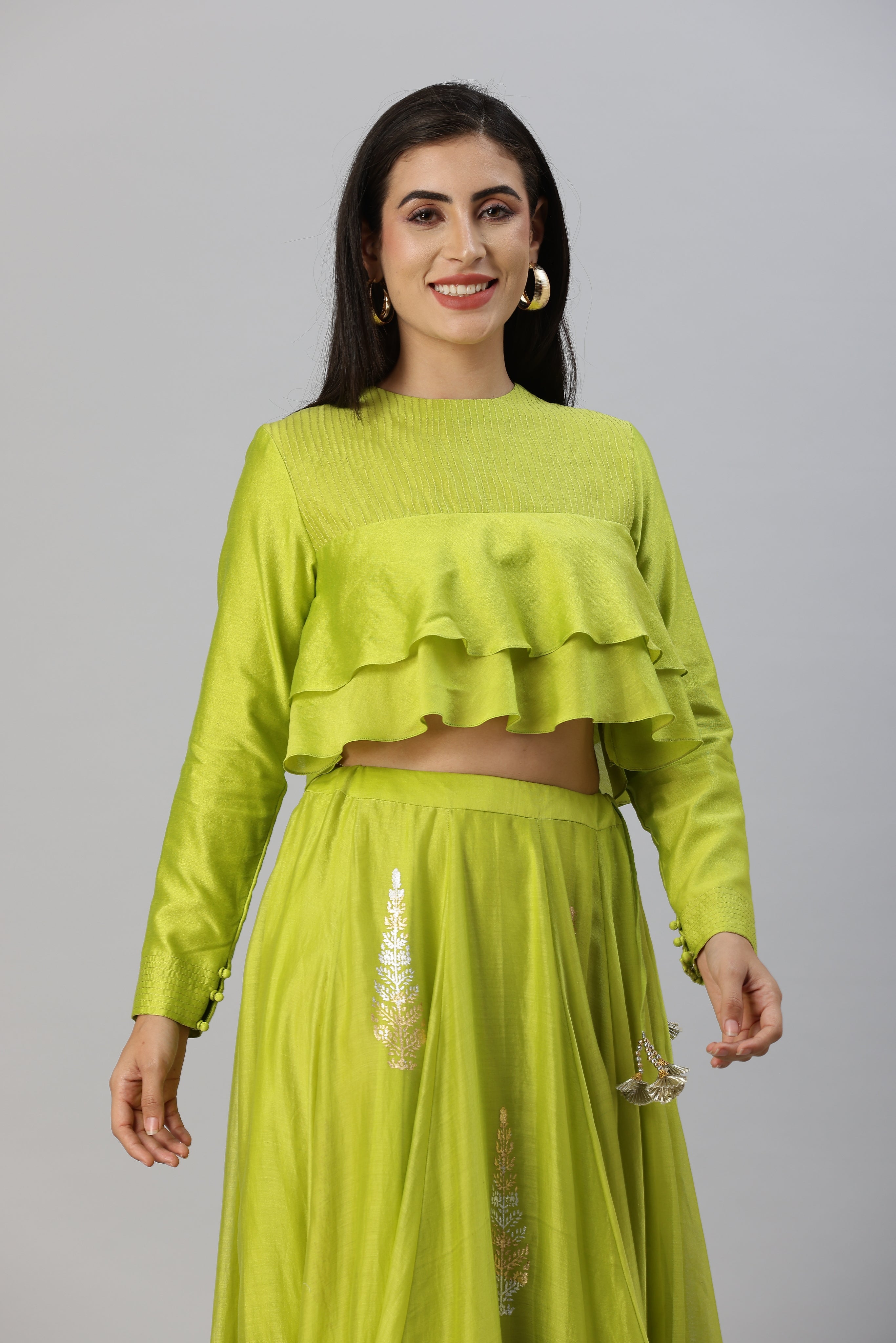 Lime Green Bohemian Lehenga Skirt with Layered Crop Top