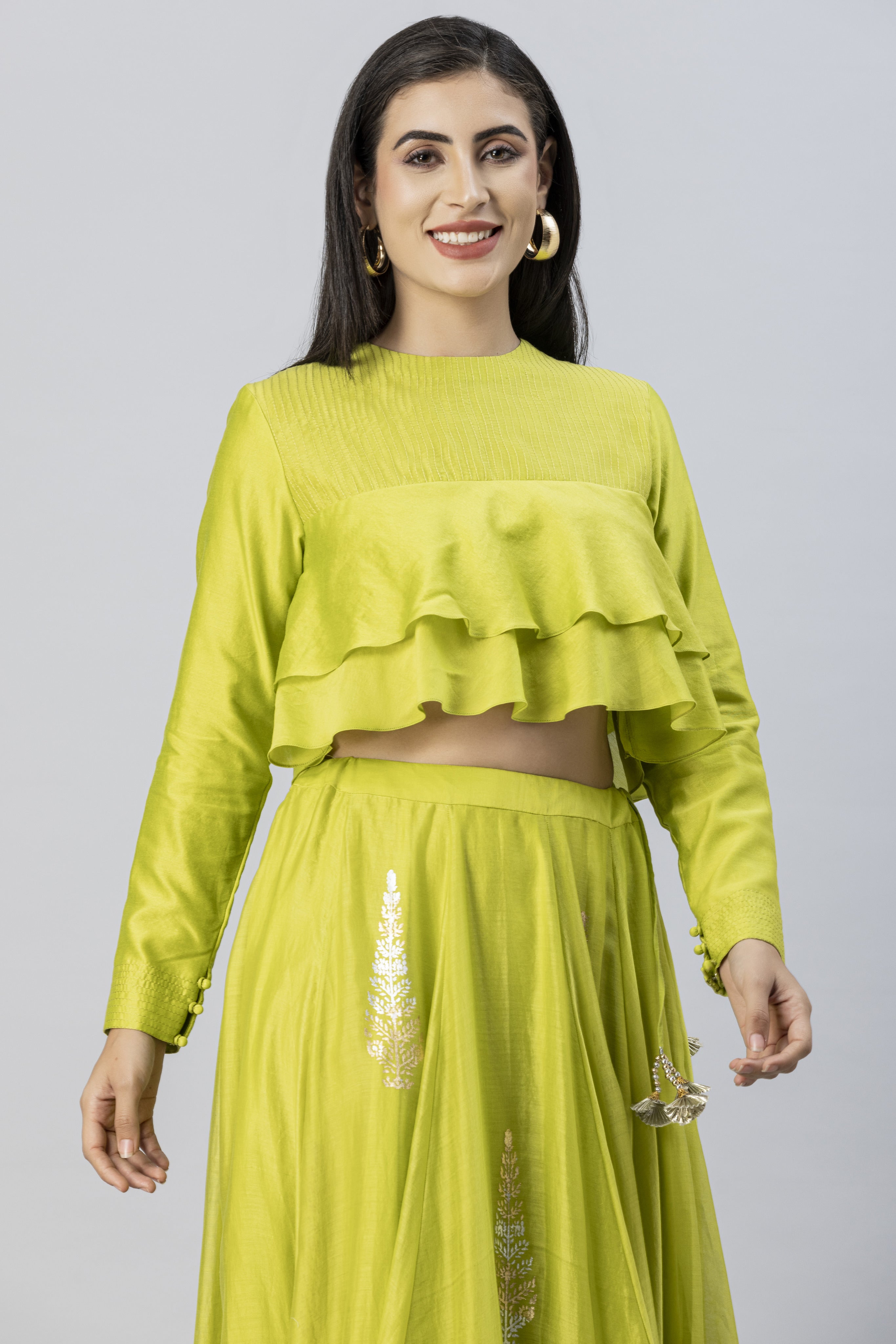 Lime Green Bohemian Lehenga Skirt with Layered Crop Top