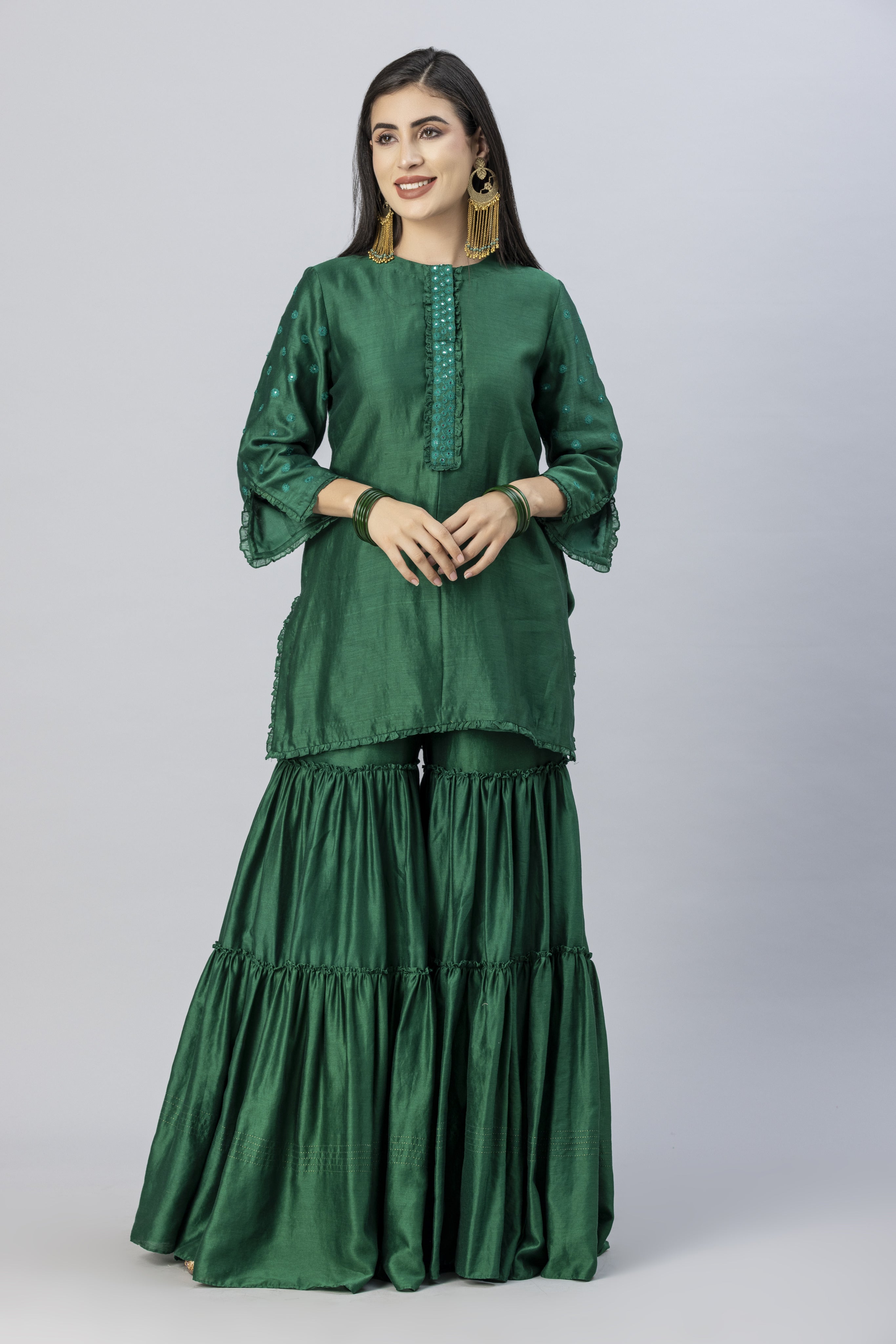 Emerald Green Tiered Garara Short Kurta and Dupatta Set