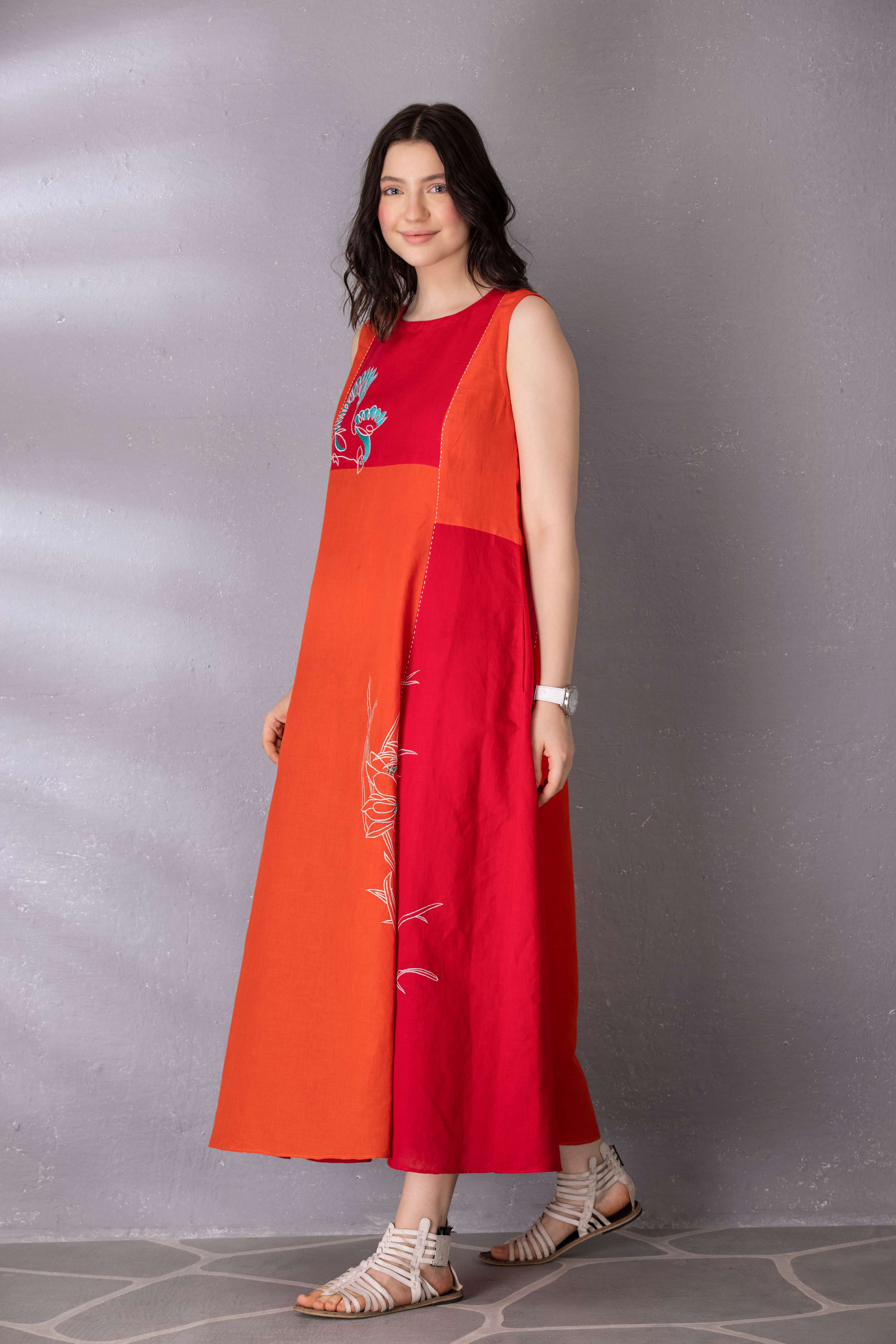 Cherry Red & Burnt Orange Cotton Linen Dress