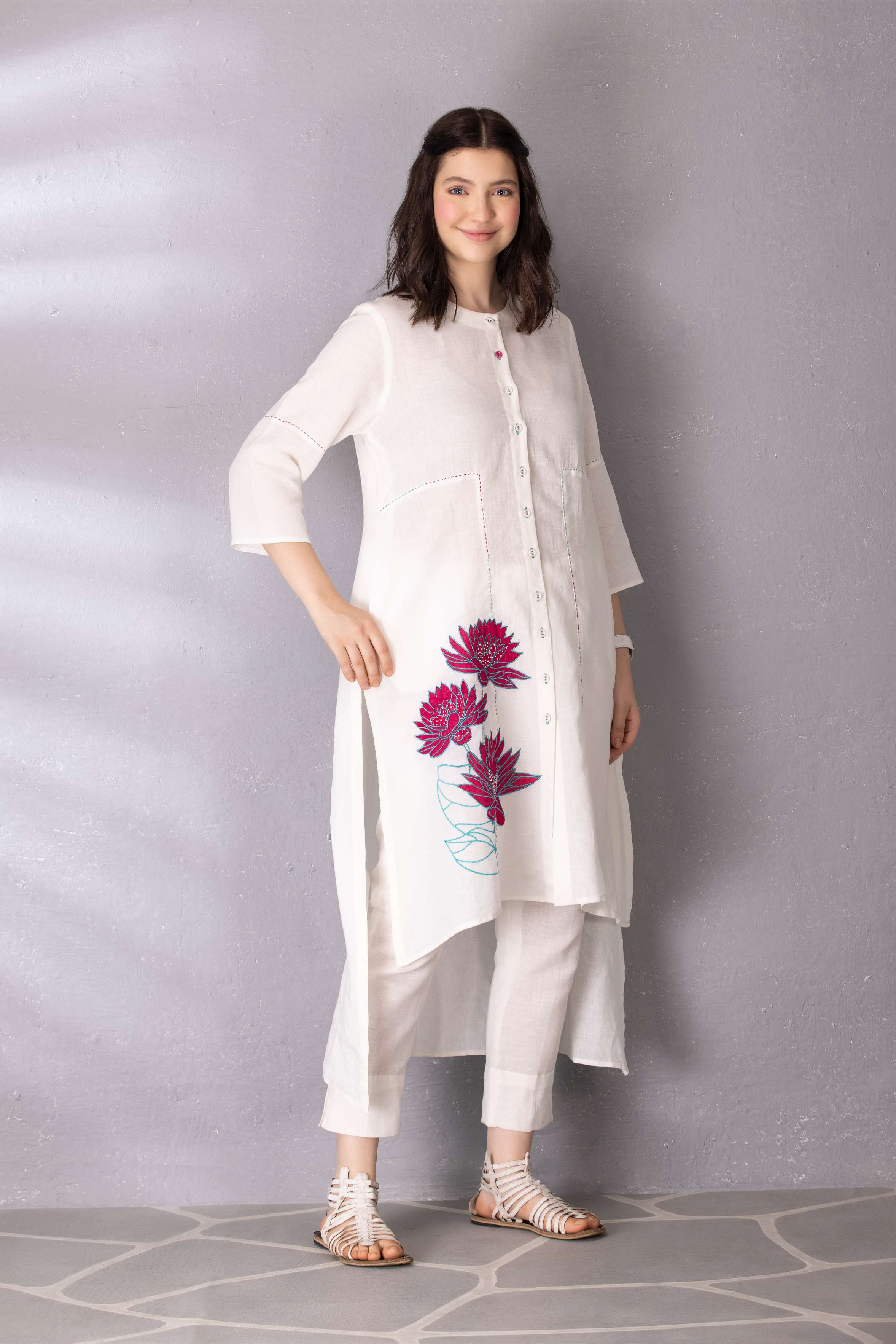 White Embroidered Cotton Linen with Pant Set