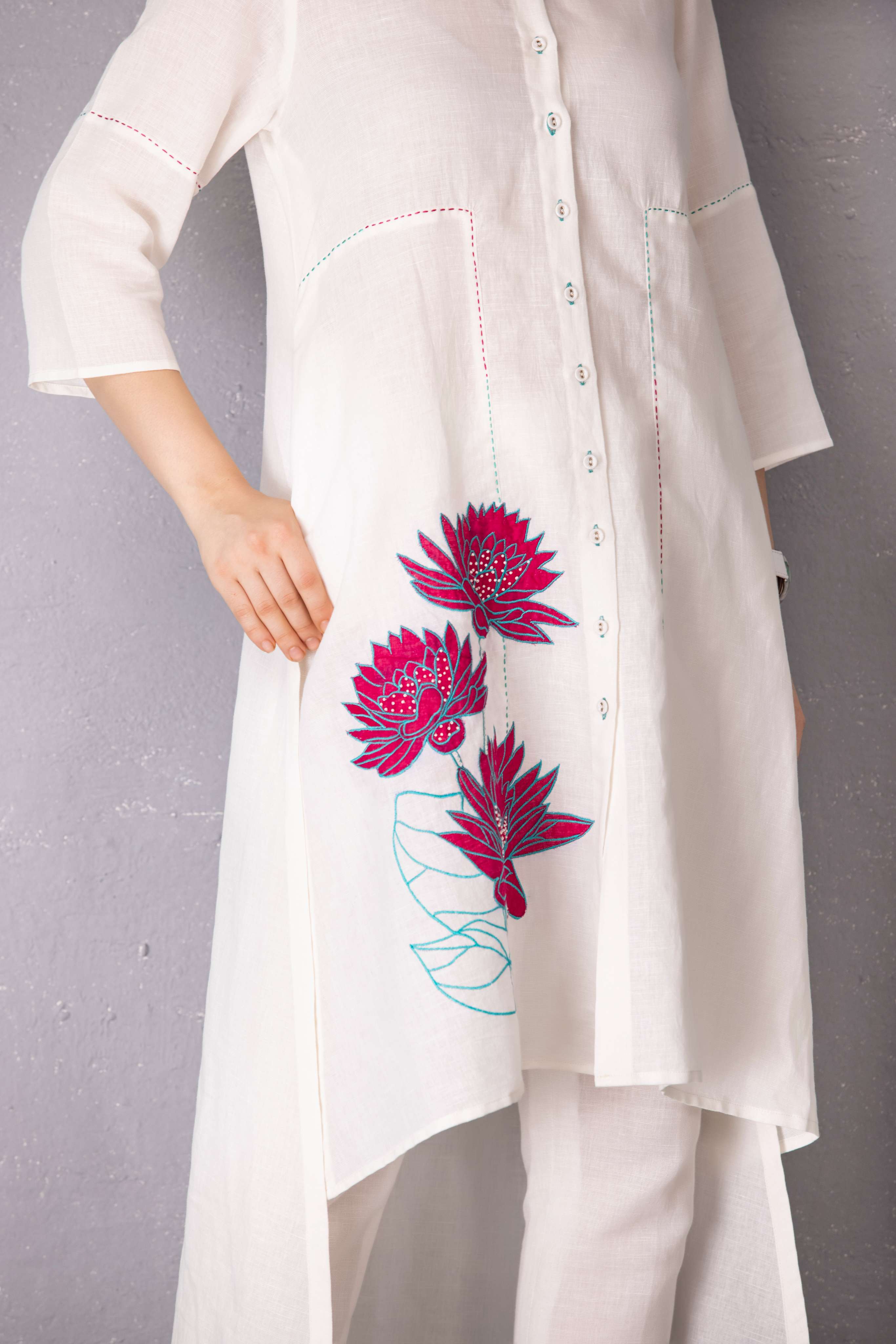 White Embroidered Cotton Linen with Pant Set