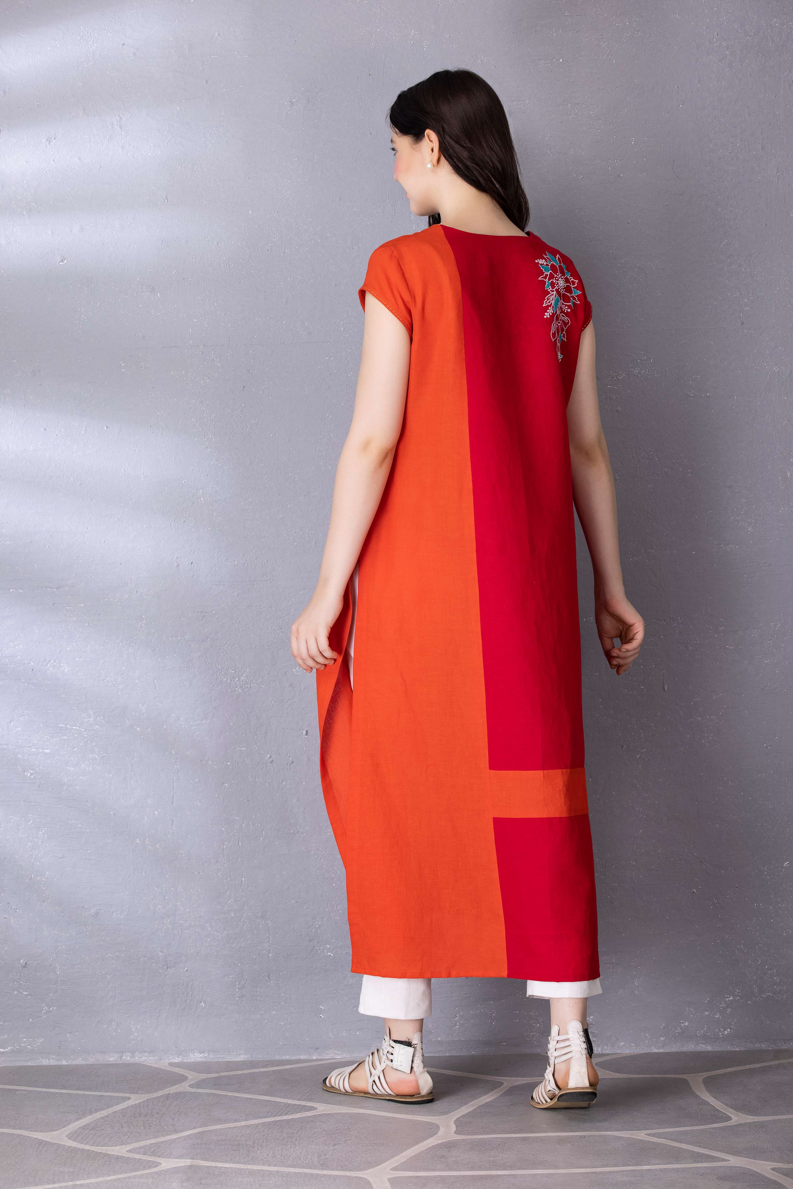 Cherry Red & Burnt Orange Cotton Linen Tunic with Embroidery with Pant Sets