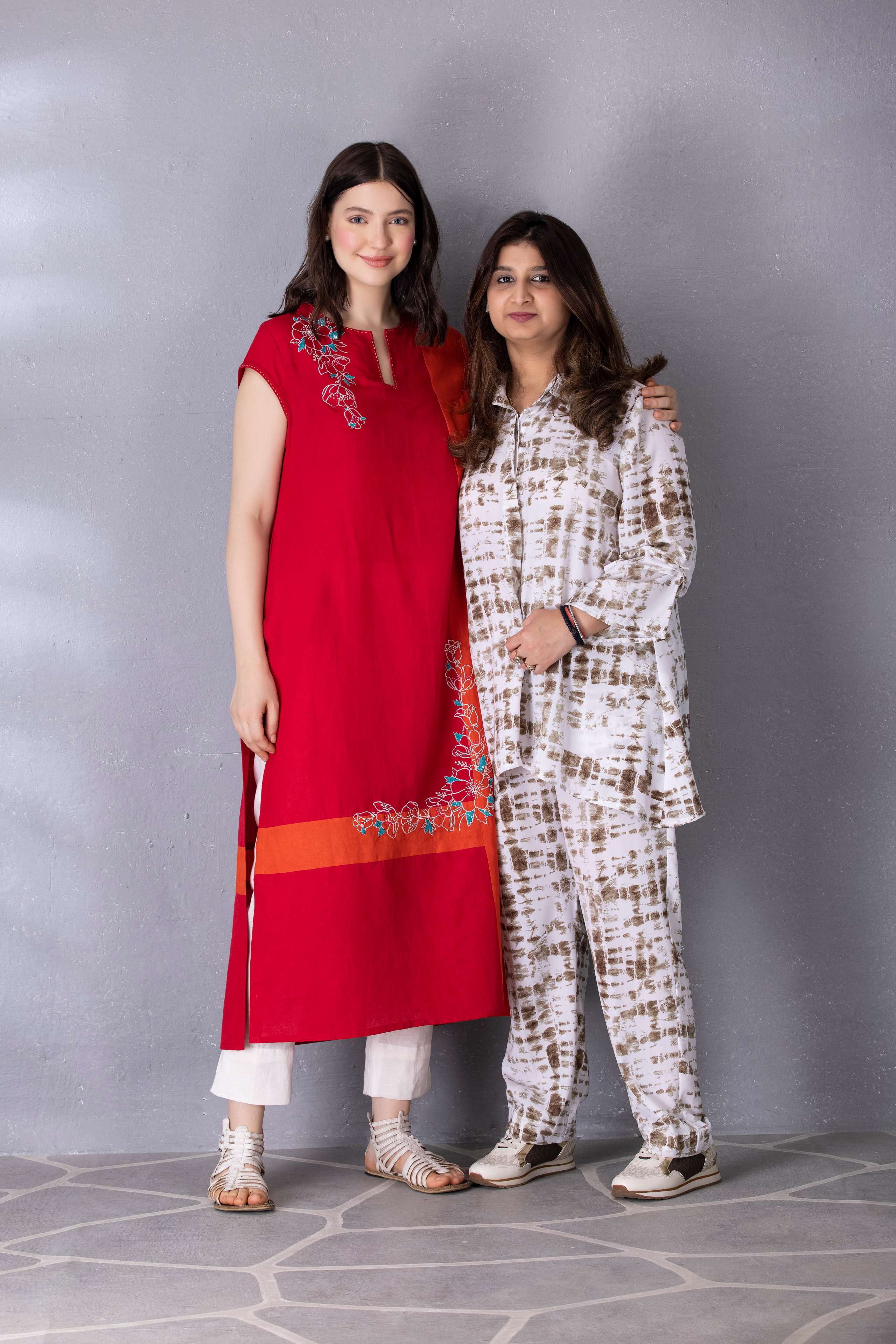 Cherry Red & Burnt Orange Cotton Linen Tunic with Embroidery with Pant Sets
