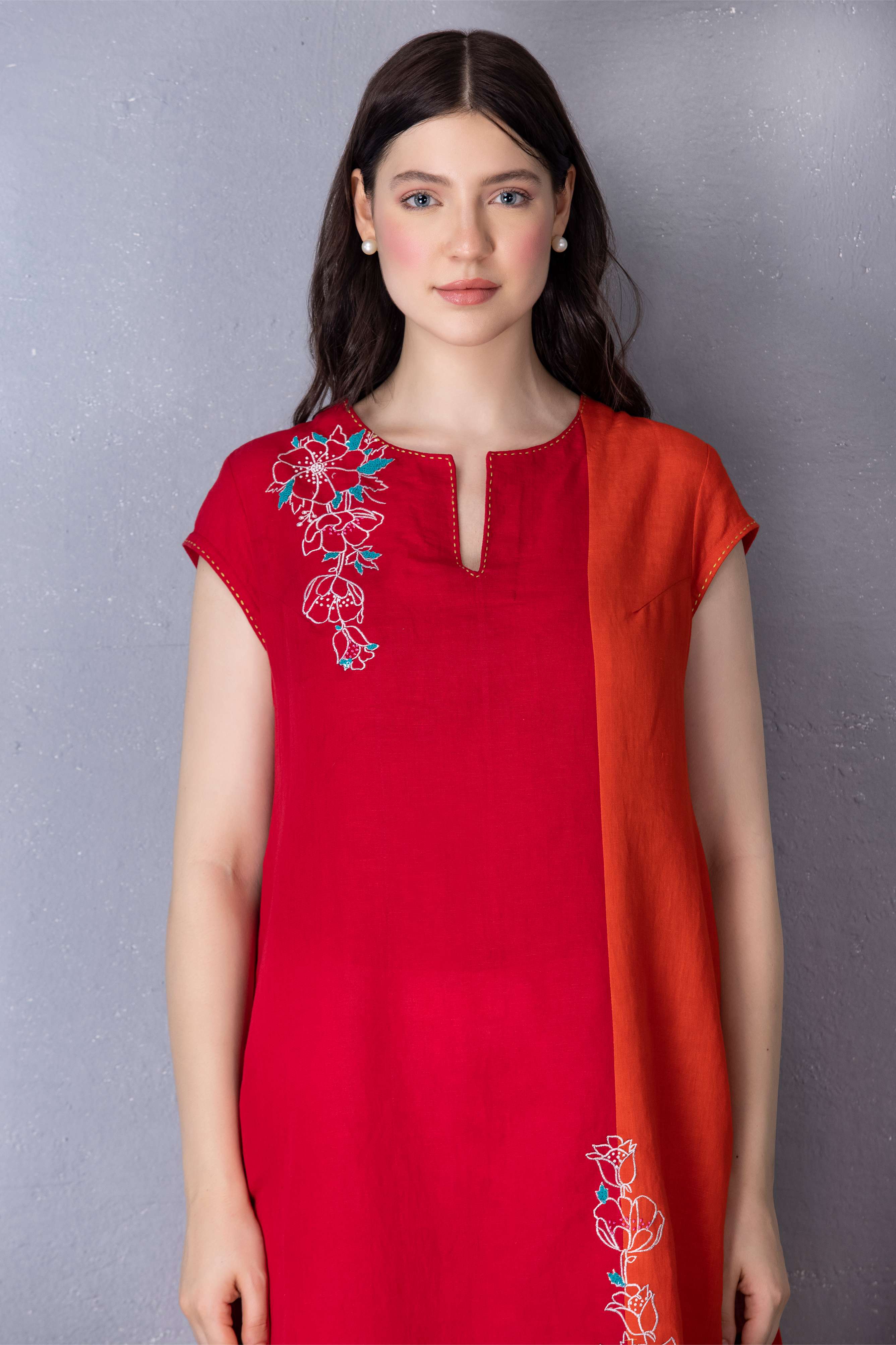 Cherry Red & Burnt Orange Cotton Linen Tunic with Embroidery with Pant Sets