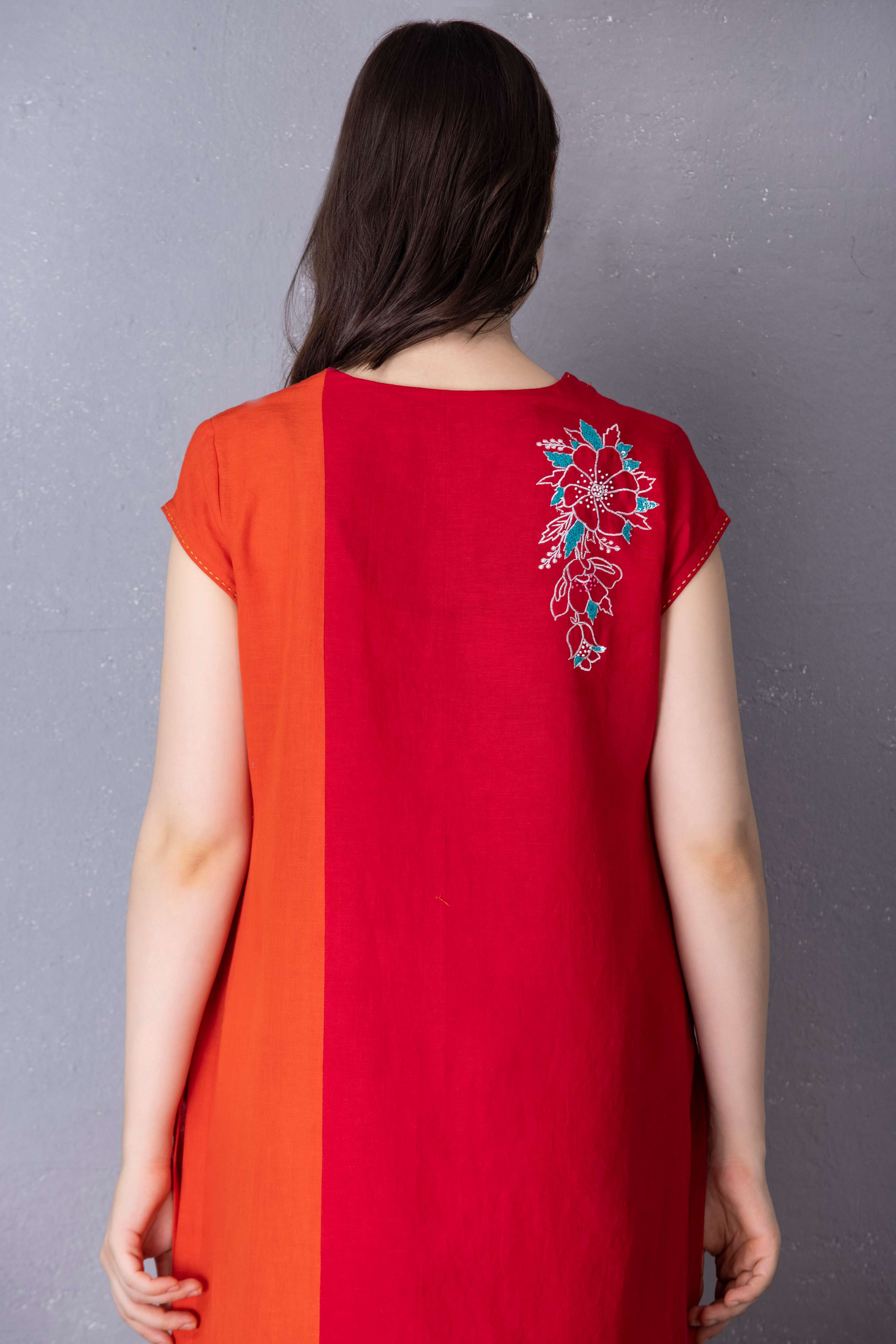 Cherry Red & Burnt Orange Cotton Linen Tunic with Embroidery with Pant Sets
