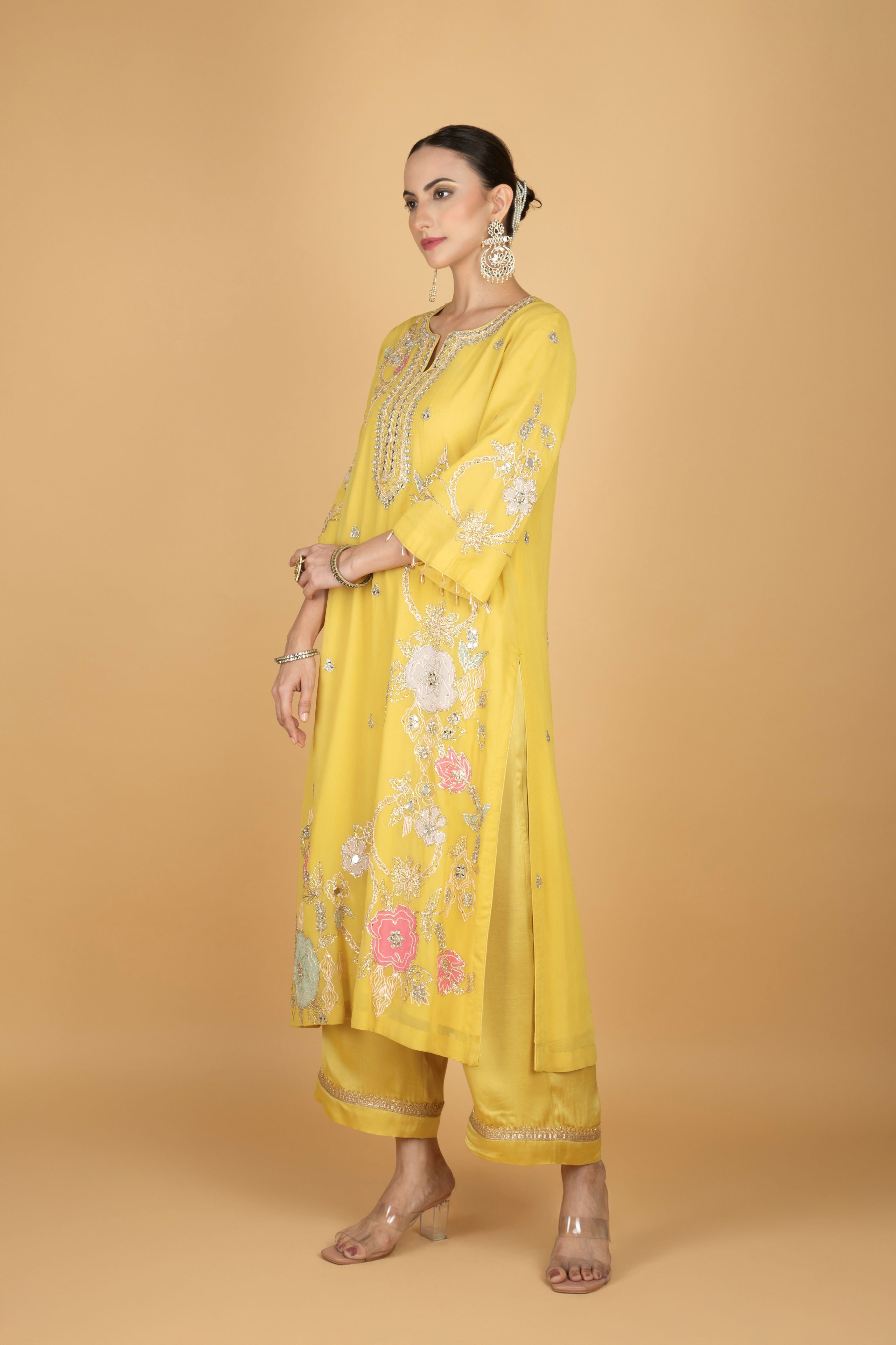 Lime Yellow Embroidered Kurta W/Pant & Dupatta