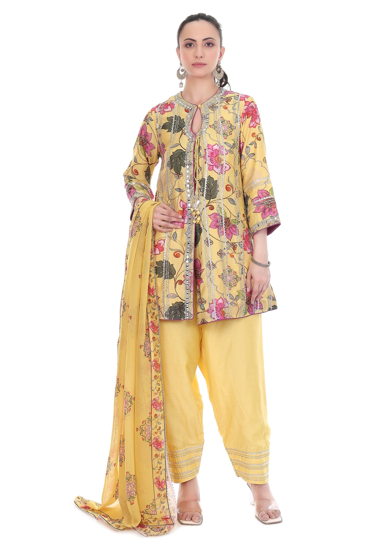 Yellow Floral Printed Embroidered Angrakha Paired with Solid Pants & Dupatta