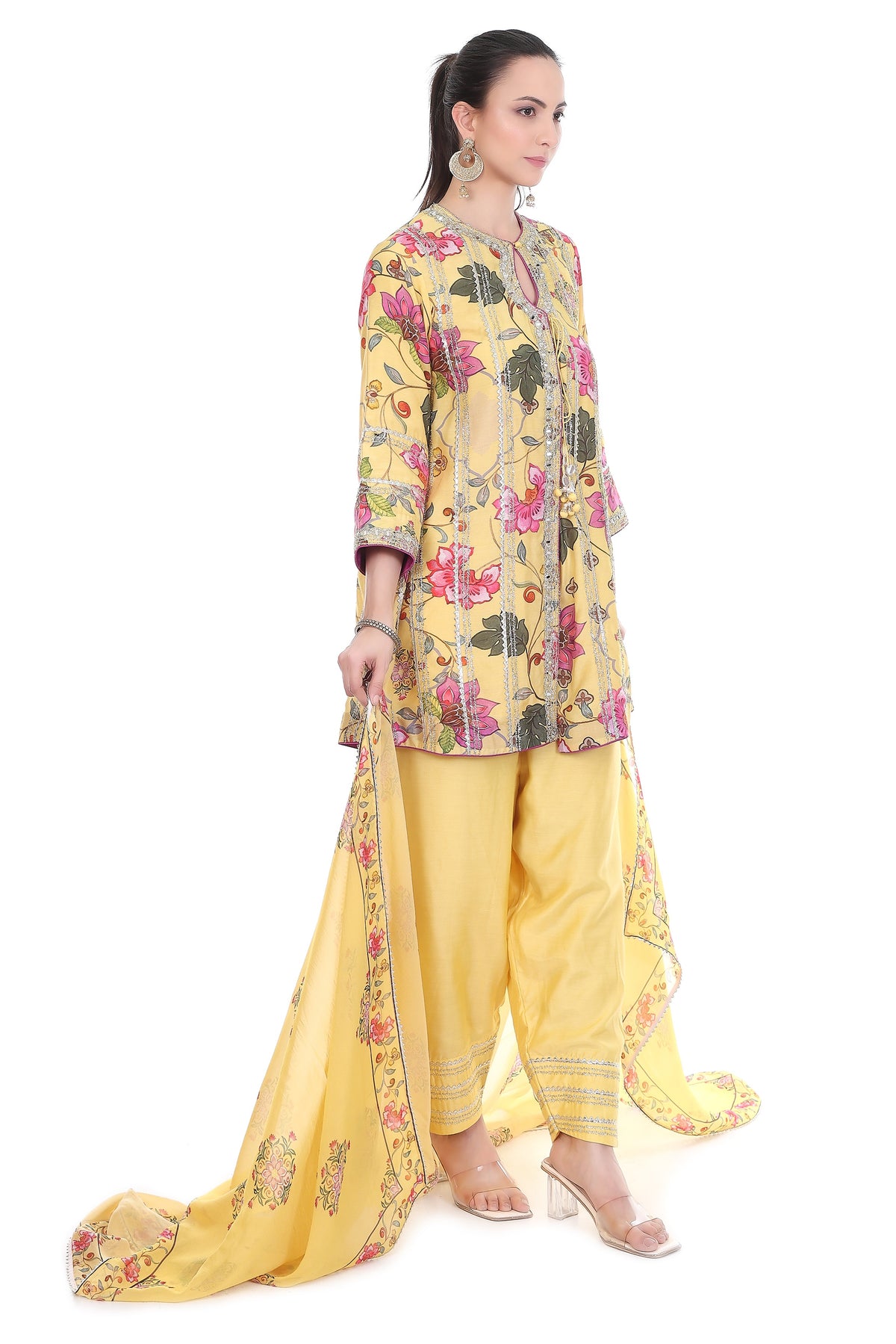 Yellow Floral Printed Embroidered Angrakha Paired with Solid Pants & Dupatta