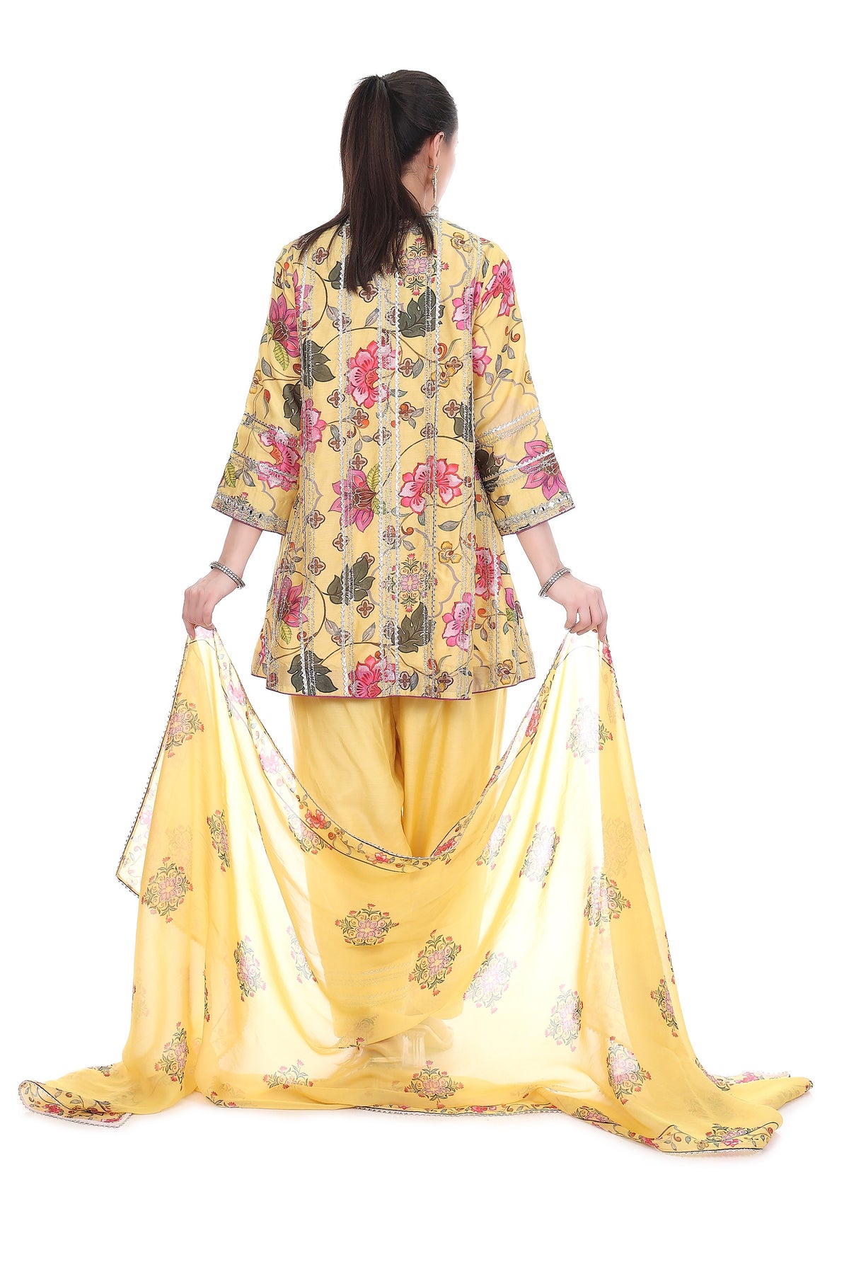 Yellow Floral Printed Embroidered Angrakha Paired with Solid Pants & Dupatta