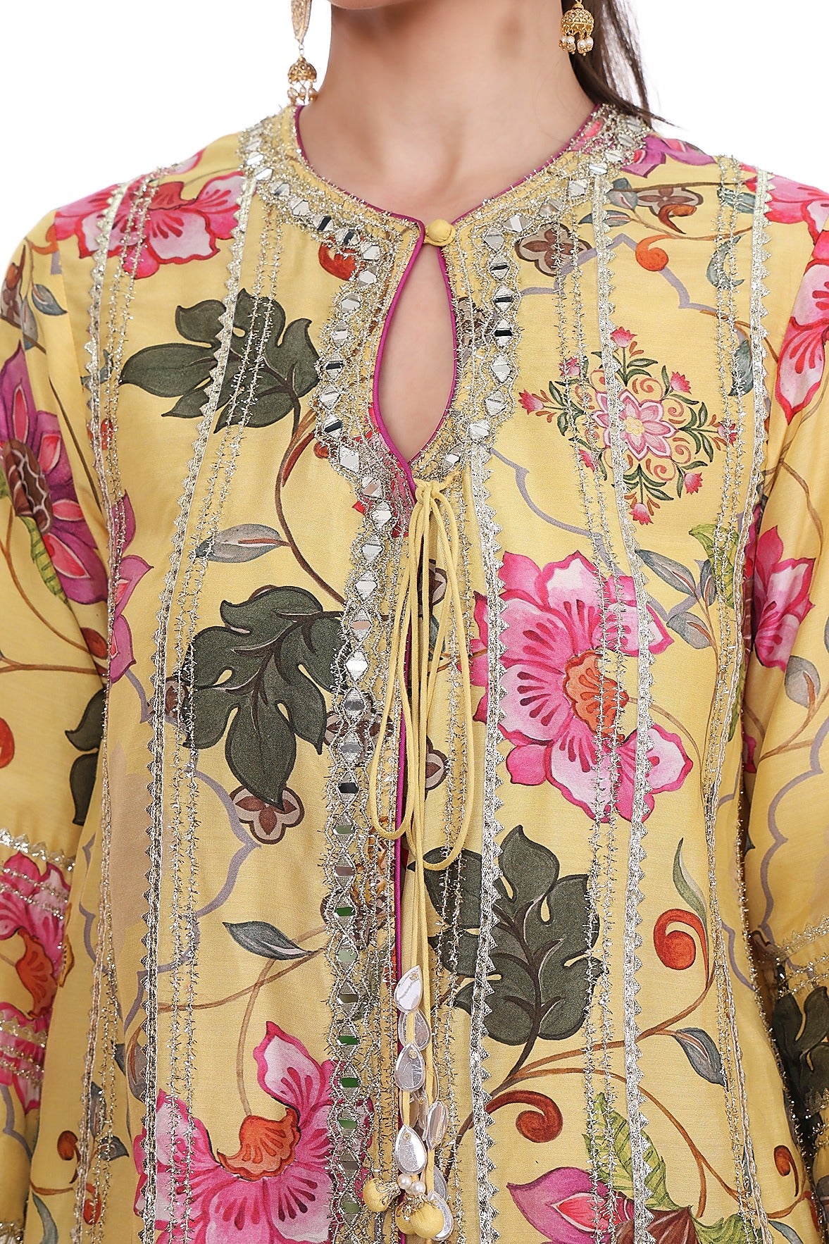 Yellow Floral Printed Embroidered Angrakha Paired with Solid Pants & Dupatta