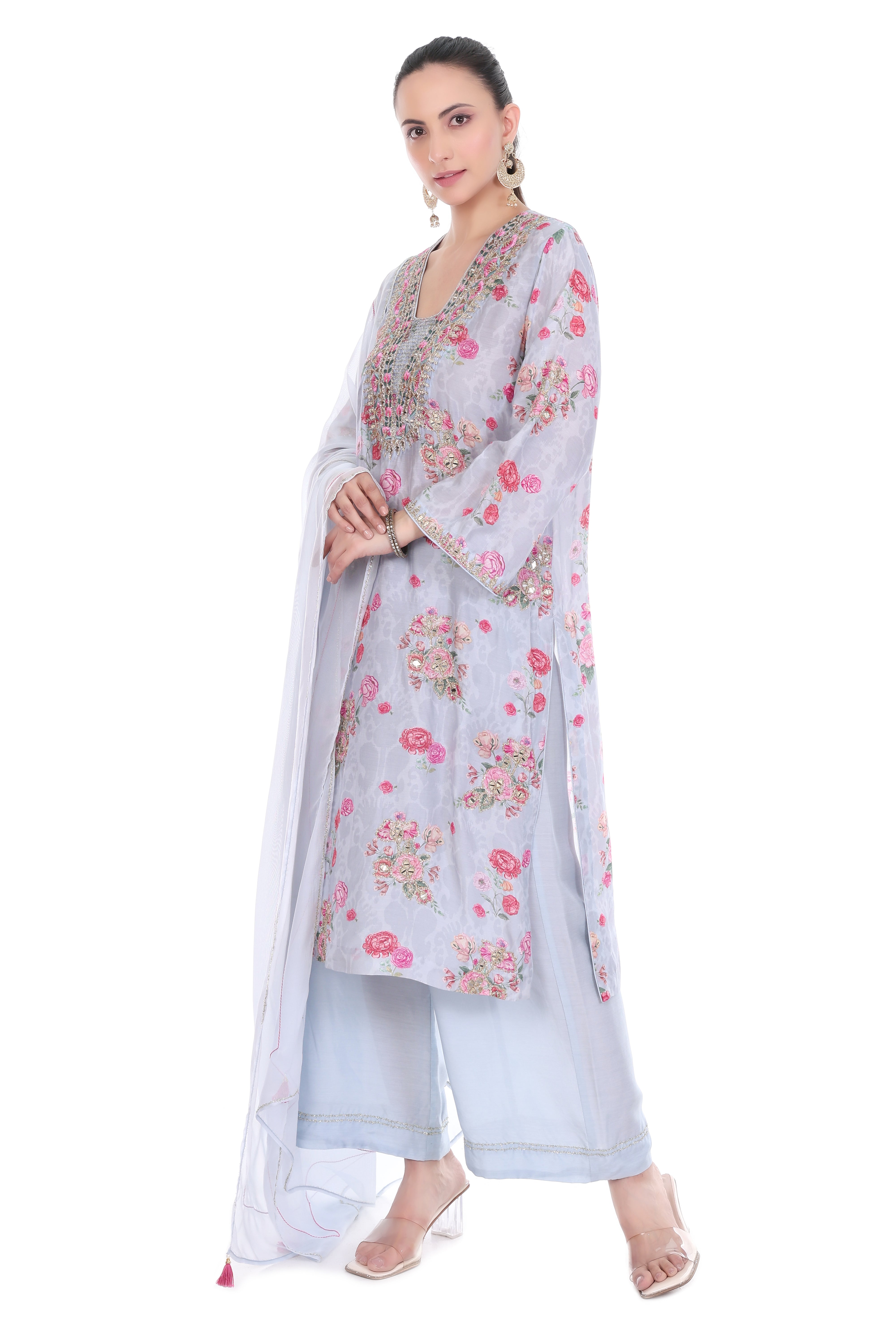 Blue Embroidered Floral Printed Kurta Set