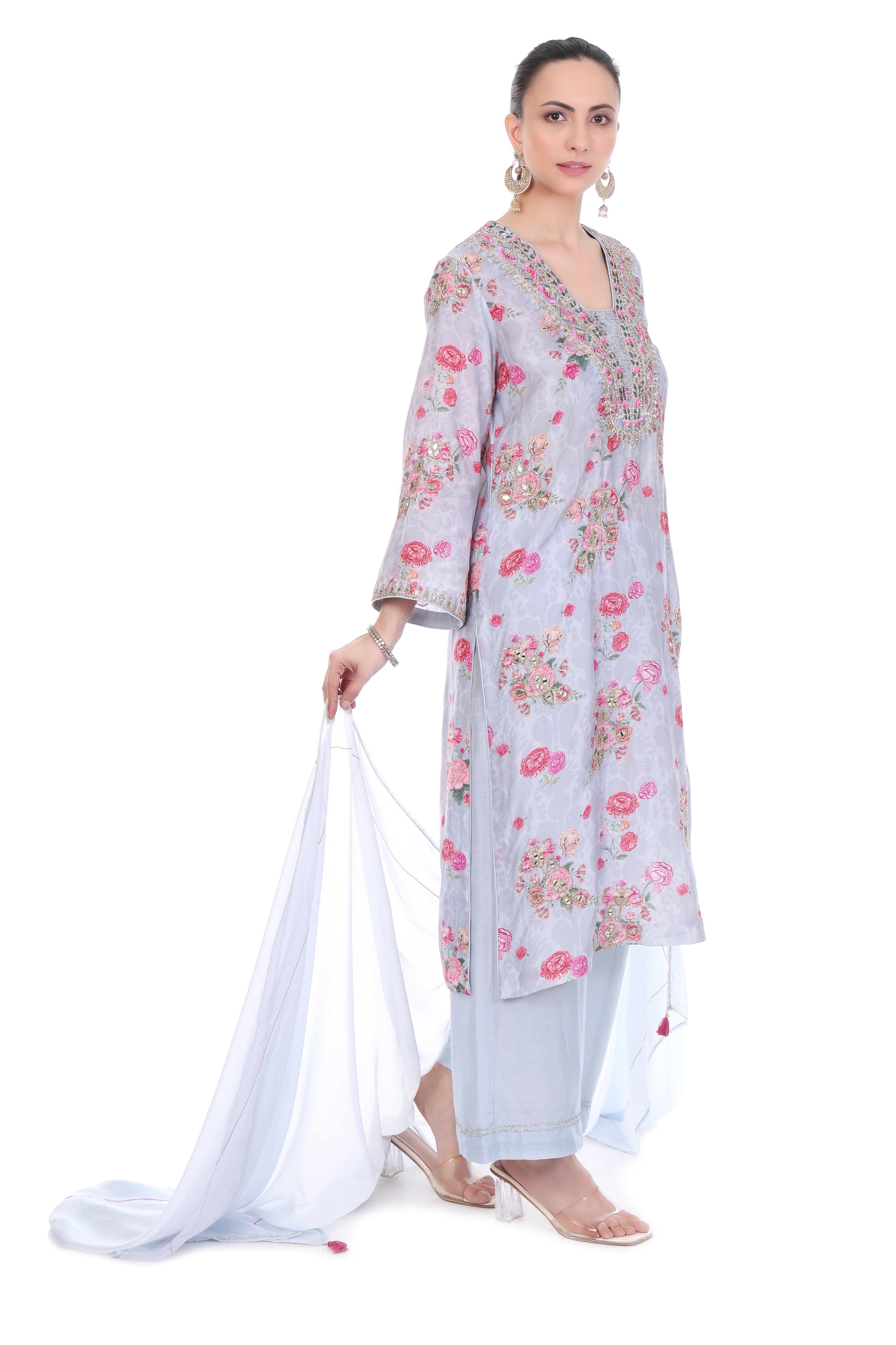 Blue Embroidered Floral Printed Kurta Set