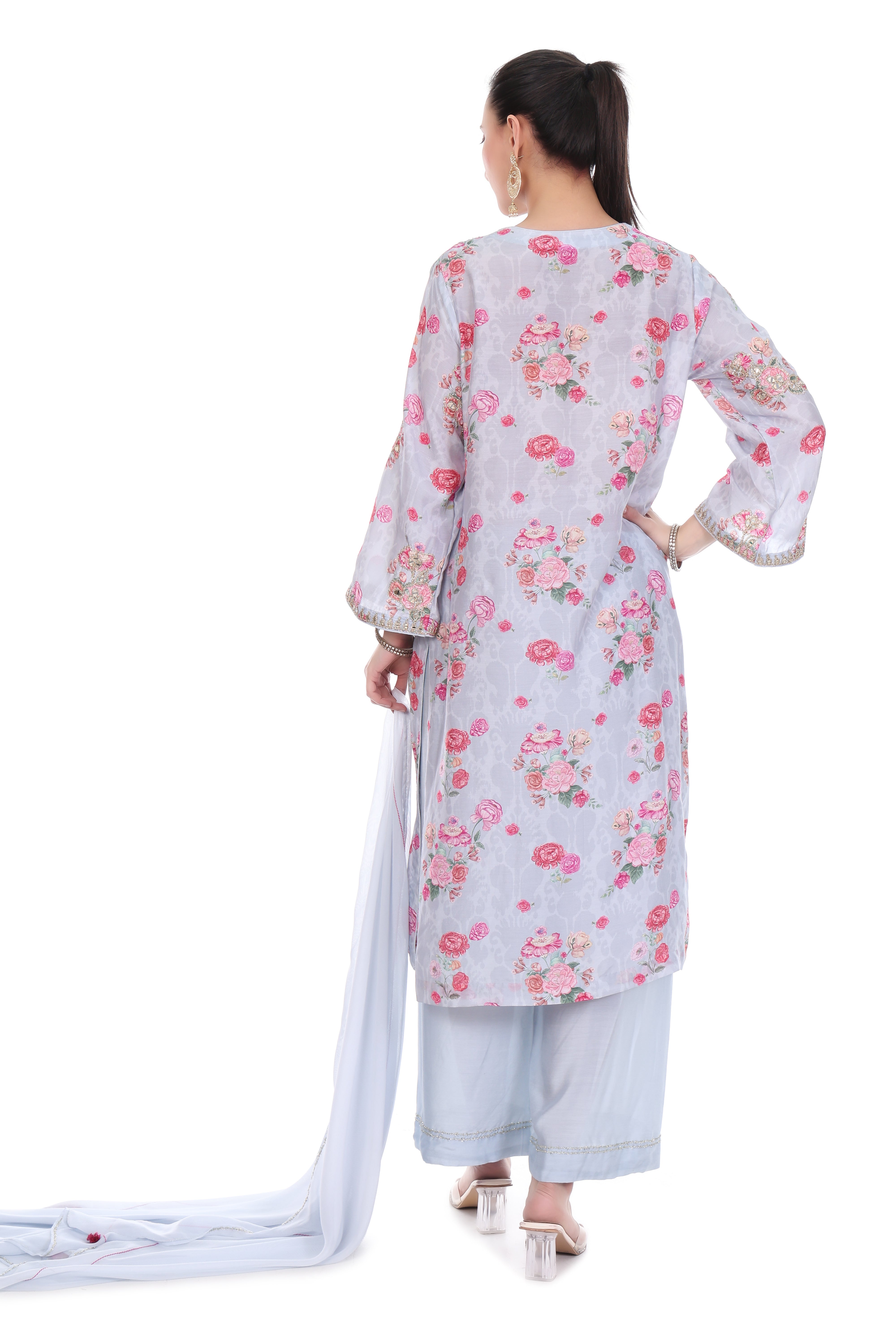Blue Embroidered Floral Printed Kurta Set